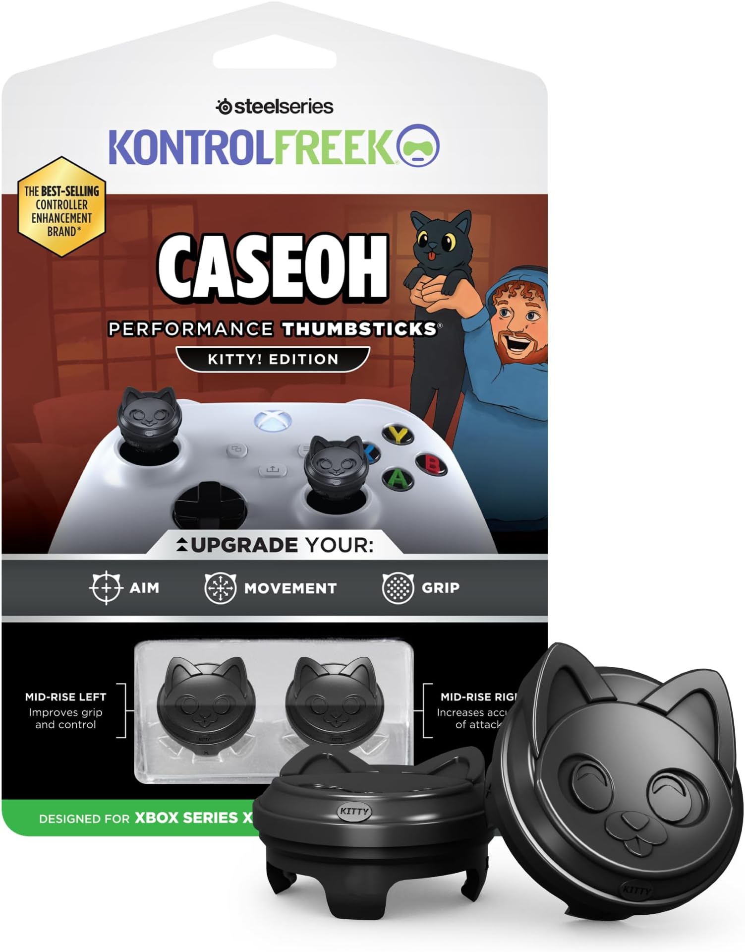 CaseOh Performance Thumbsticks® – Kitty! Edition | Made for Xbox One & Xbox Series X Controller | Black