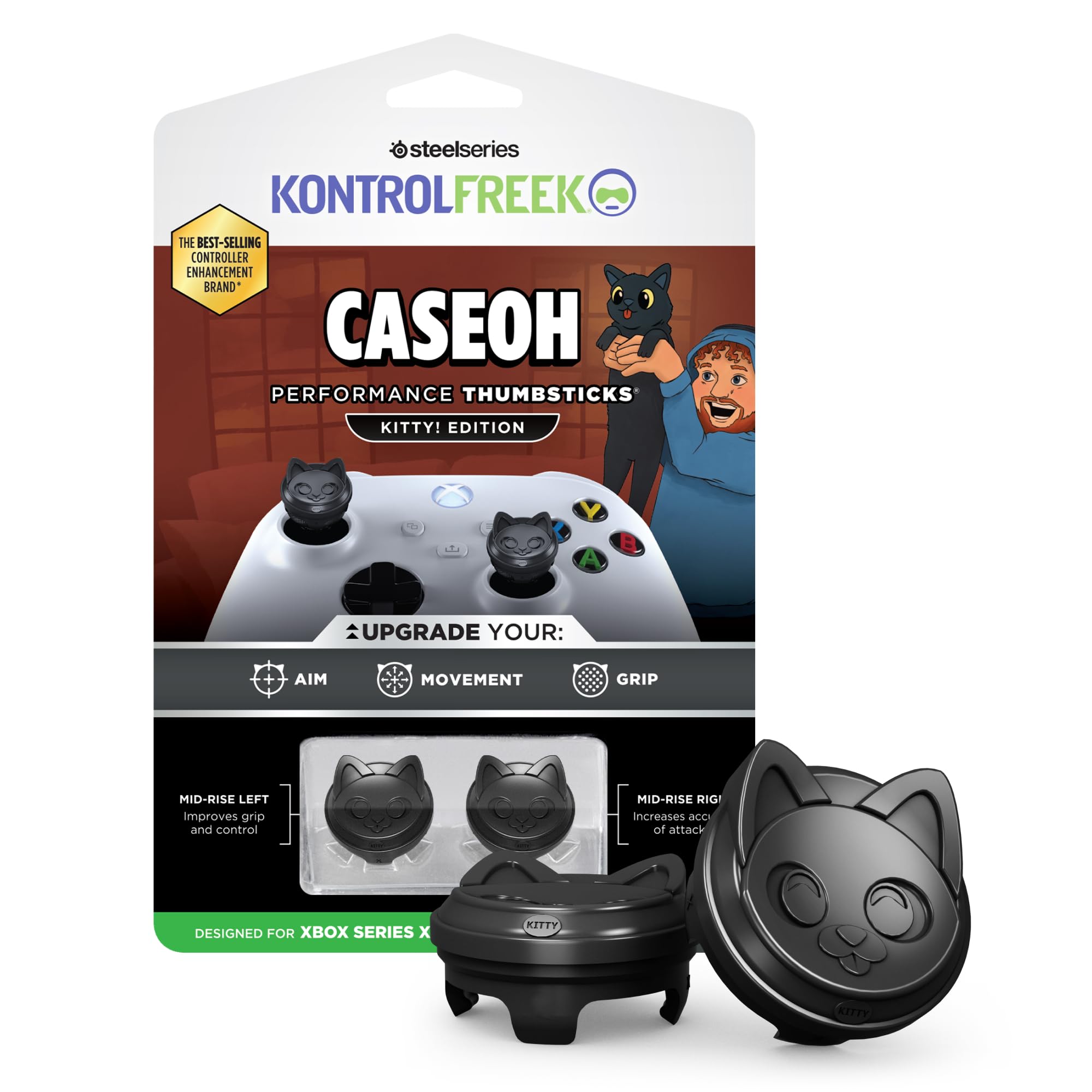 CaseOh Performance Thumbsticks® – Kitty! Edition | Made for Xbox One & Xbox Series X Controller | Black