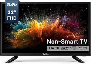 TuTu 22-inch LED TV, 1080P FHD Flat-Screen TV with Dolby Audio with HDMI, USB, VGA, RCA, Non-Smart TV or Monitor for Room, Kitchen, Office, or RV Camper