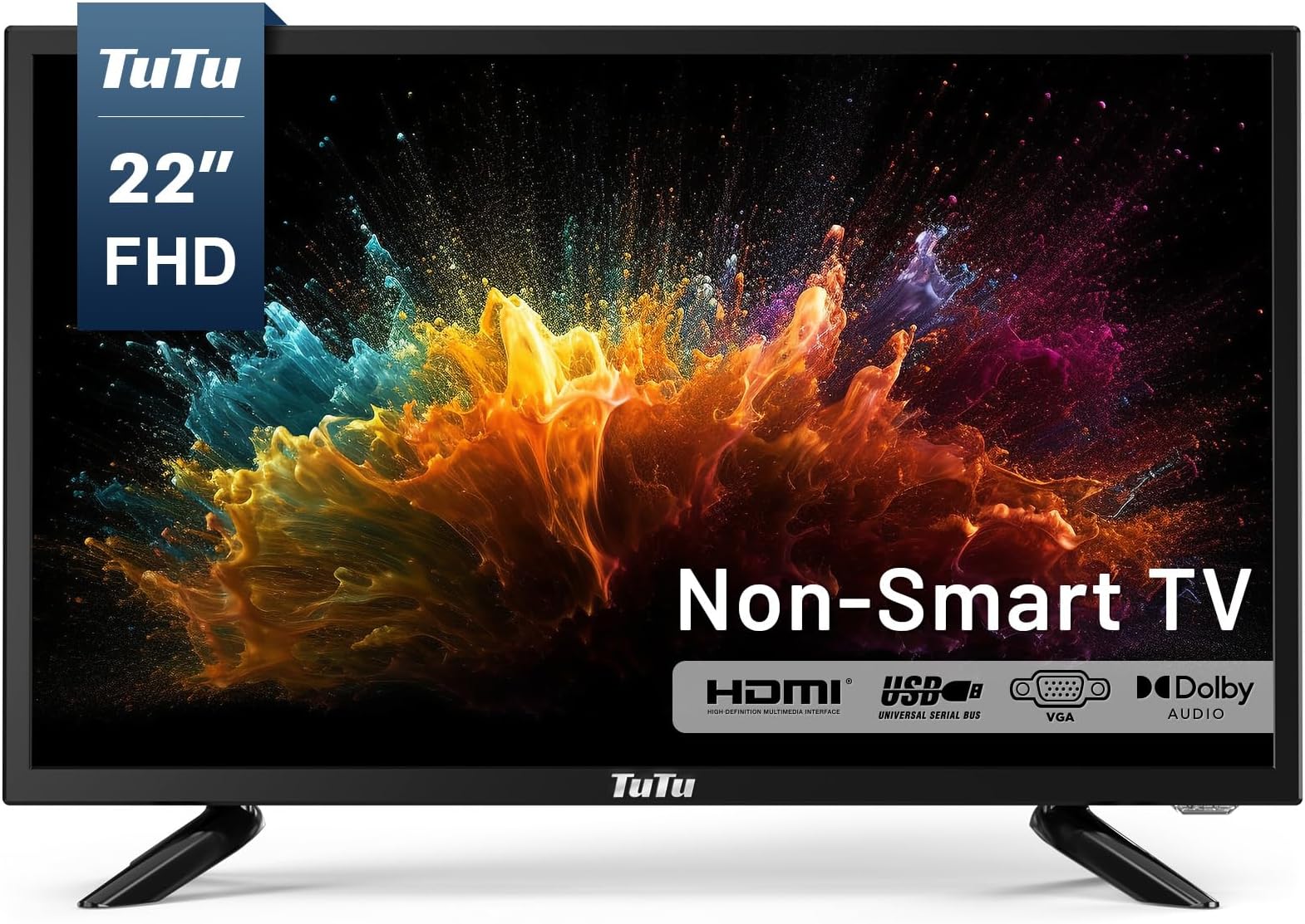 TuTu 22 Inch FHD TV, 2K LED Small Flat Screen Non-Smart Television, Works with Apple TV, Fire Stick, Roku, Google, TiVo, Xumo, and Streaming Devices