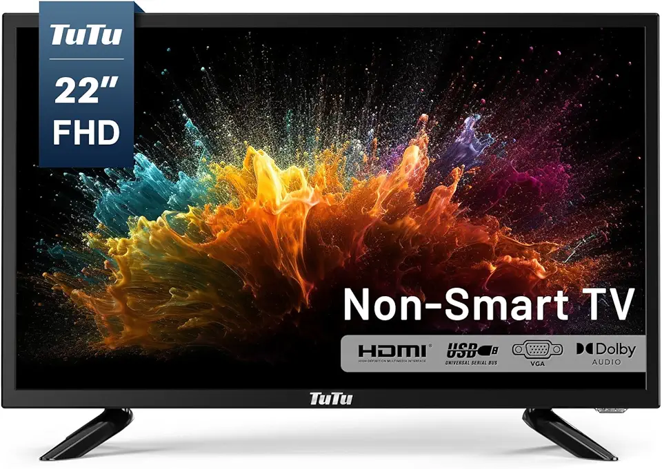 TuTu TV LED de 22 polegadas, TV de tela plana FHD 1080p com áudio Dolby com HDMI, USB, VGA, RCA, TV ou monitor não inteligente para sala, cozinha, escritório ou trailer