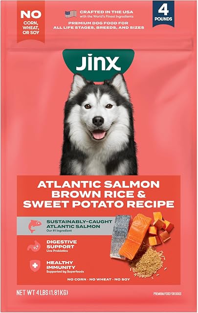 Jinx Dry Dog Food - Real Salmon, Brown Rice & Sweet Potato, 4lb | Premium Kibble for Digestive Support & Healthy Immunity - No Fillers, All Lifestages (Puppy, Adult & Senior), Breeds & Sizes