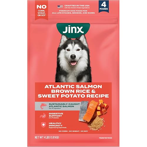 Jinx Premium Dry Dog Food, for All Life-Stages - Real Salmon, Brown Rice & Sweet Potato Kibble with Superfoods for Immune Support & Probiotics for Digestive Support - No Fillers – 4lb