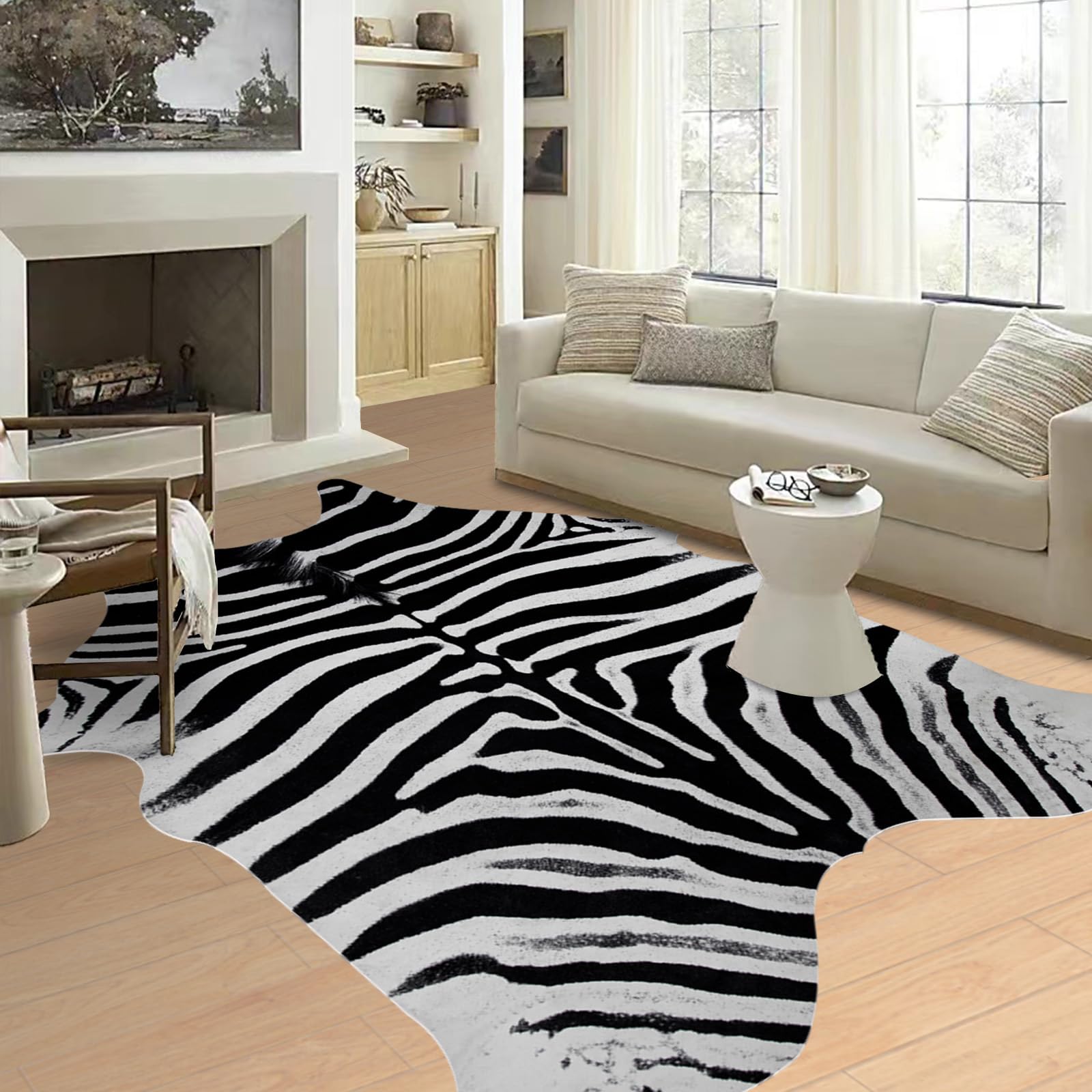 Zebra Rug 7.6x6.2 ft Zebra Print Rug Cowhide Rugs Animal Rugs Western Home Decor Cow Print Non Slip Area Rugs for Bedroom Living Room Dining Room