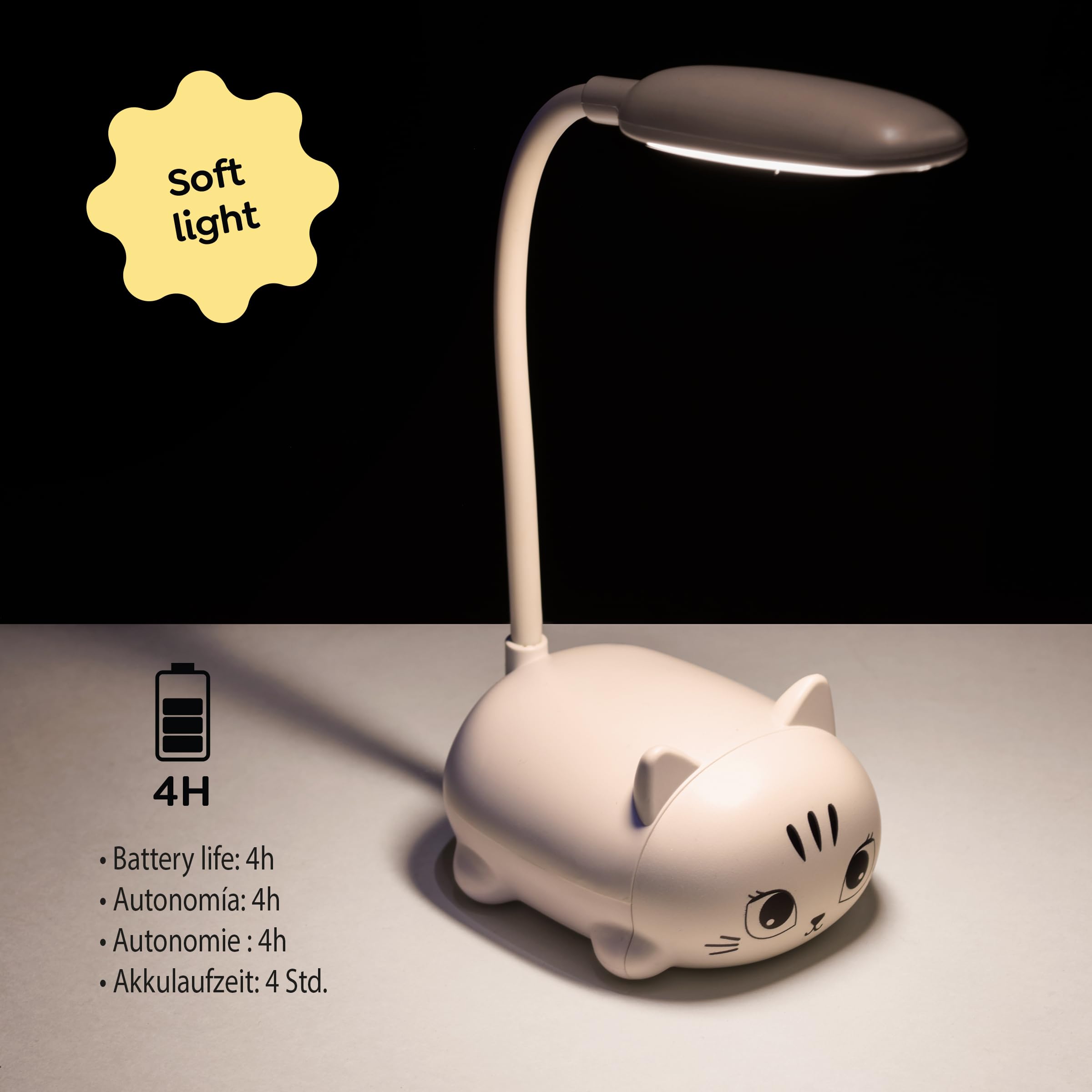 Back2Fun - Lámpara de escritorio infantil con forma de gatito, Luz LED cálida, Cuello flexible, Minilámpara portátil para niños recargable USB, Pensada como luz de noche o para estudiar