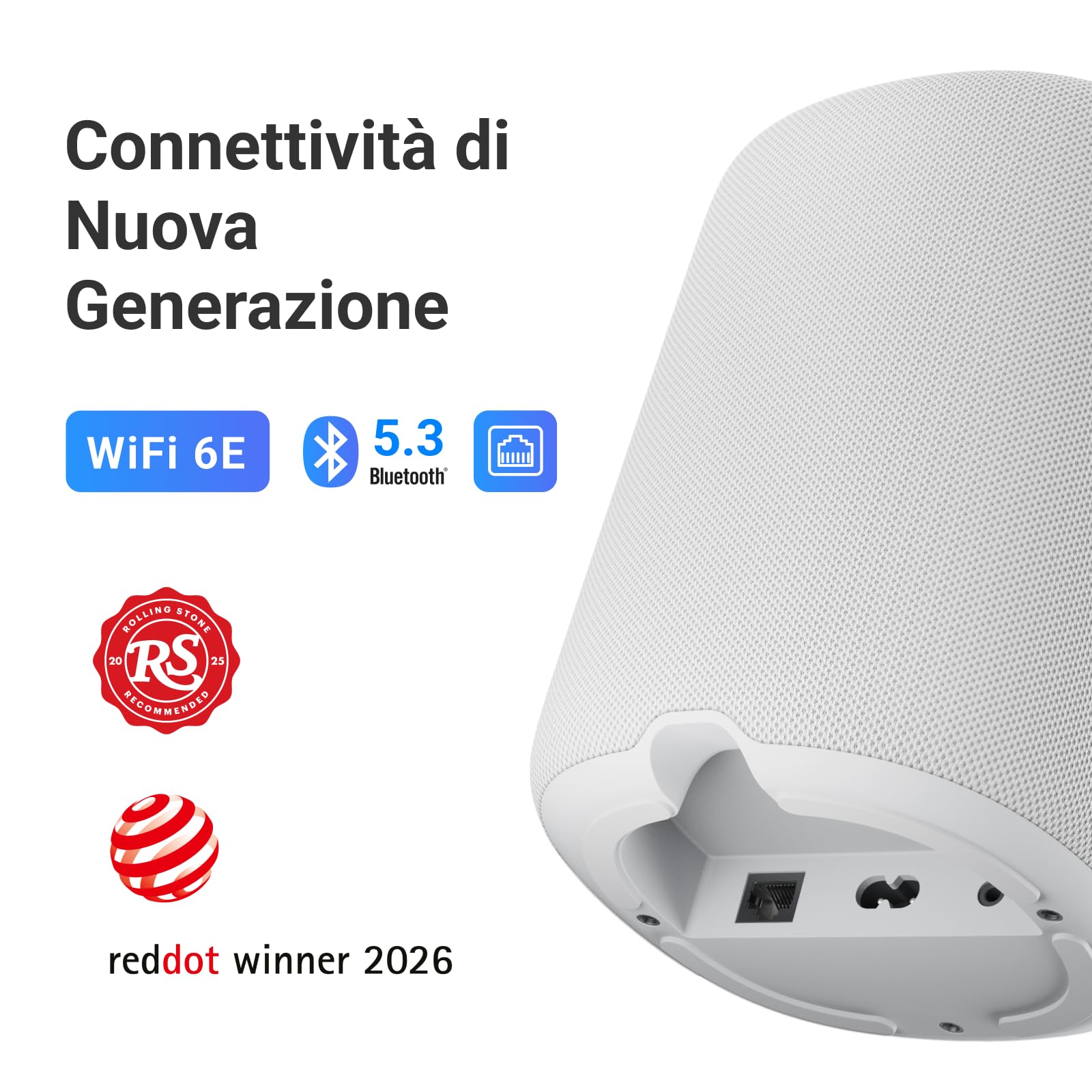 WiiM Sound altoparlante intelligente con display touch 1,8″, audio Hi-Res 24-bit/192 kHz, AI RoomFit™, 100 W, Wi-Fi 6E/Bluetooth 5.3, multi-room/stereo, telecomando incluso, Bianco