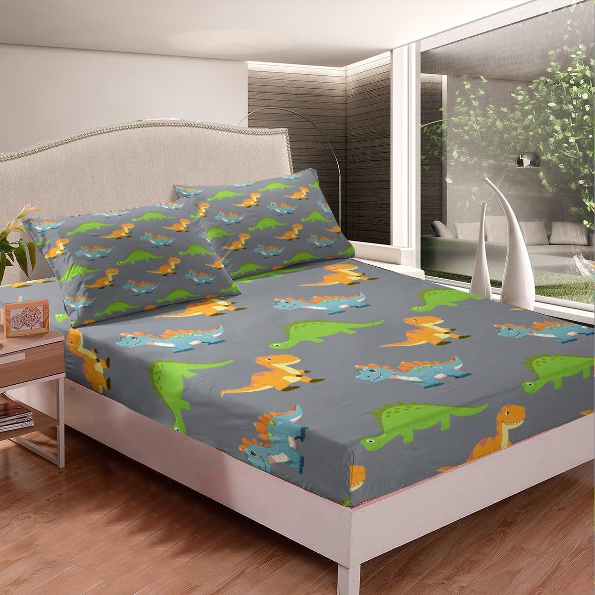 Cartoon Dinosaur Kids Sheet Queen Size,Wildlife Vintage Animals Toddler Bedding Set,Girls Boys Women Room Decor,Cute Dinosaurs Colorful Cute Bed Sheet Set 4pcs(Fitted + Flat + 2 Pillowcases)
