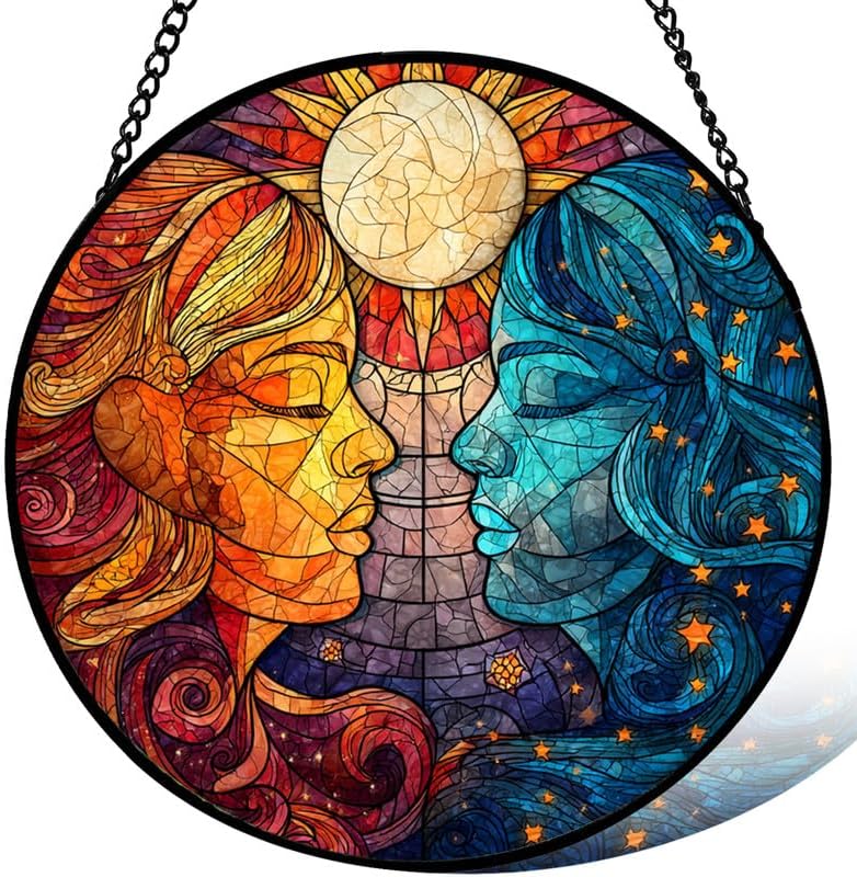 Acrylic Jigsaw Puzzle Window Hanging Aurora and Luna 7.4 in 83 Pieces Irregular Pieces Sun Catchers Indoor Window Core Decor Inside and Outside The Cottage Celestial Moon and Sun Art Gift Women
