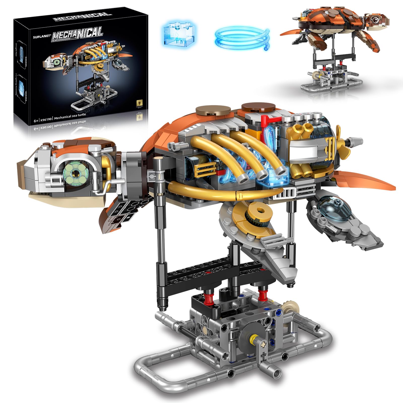 Mechanical Turtle Building Set with Lights, Rotatable Link Components & Display Stand, STEM Building Set for Boys and Girls 8-14, Home Office Decor for Adults, Mechanical Enthusiasts（659PCS） Sea Turtle