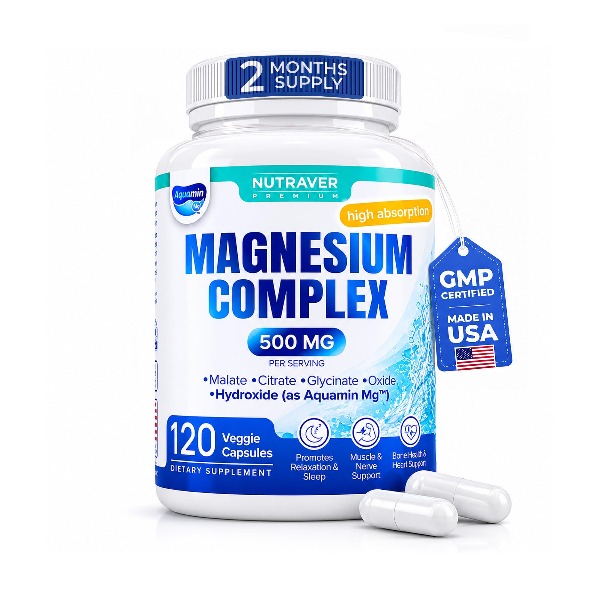 Magnesium Complex for Women & Men – 500mg, 5-in-1 High Absorption Aquamin Mg, Glycinate, Citrate & Malate – Sleep, Muscle, Leg Cramp & Bone Support – Made in USA, Non-GMO Vegan, 120 Capsules