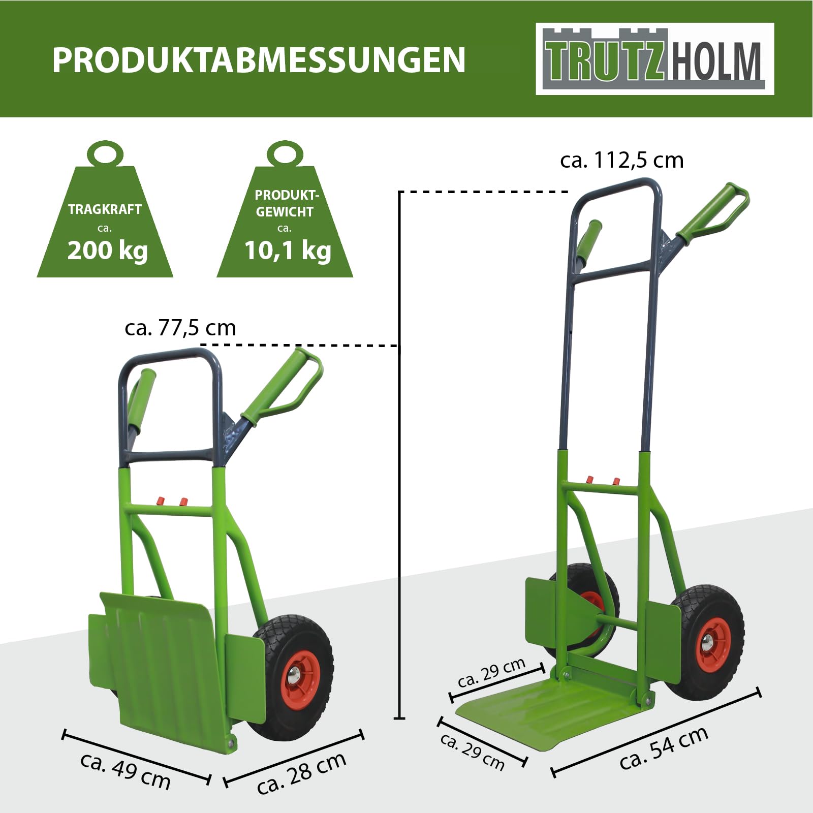 TRUTZHOLM Sackkarre pulverbeschichteter Stahl Tragkraft 200 kg 112,5 cm Höhe große klappbare Ladefläche 29x29 cm pannensichere Vollgummiräder ergonomische Sicherheitsgriffe mit Handschutzbügel