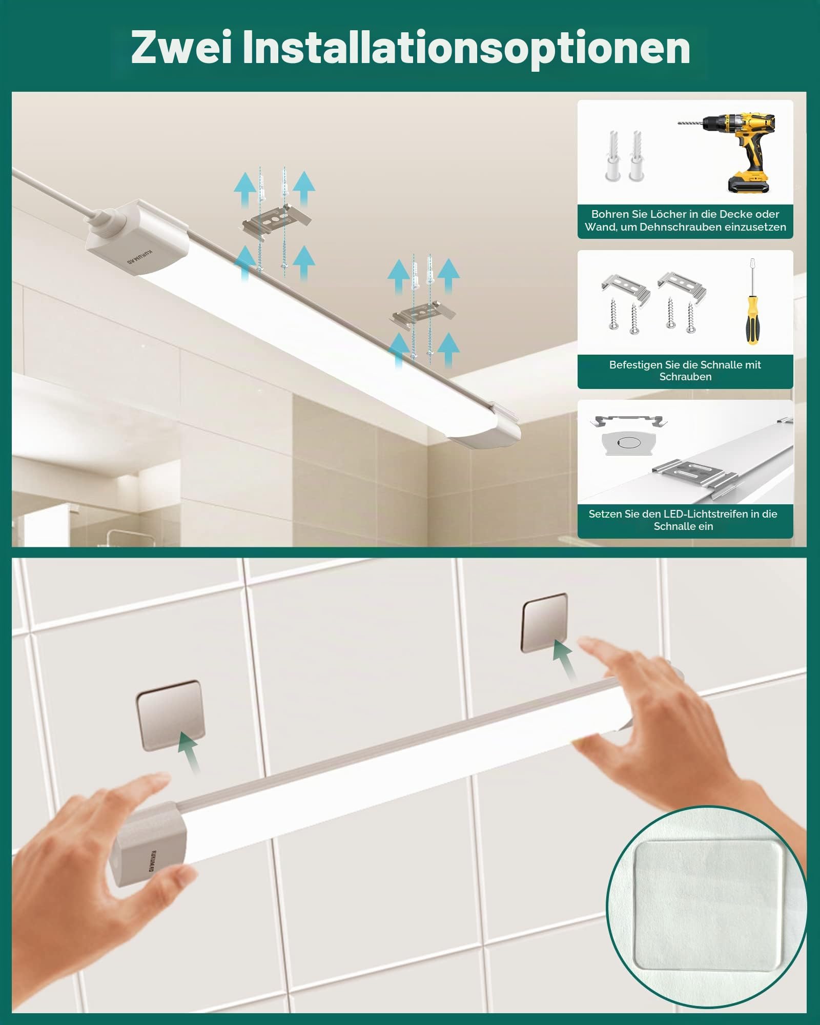 KUKUMAO Feuchtraumleuchte LED Mit Stecker, 36W 120CM Röhre, 4000K Werkstatt Deckenleuchte, IP66 Deckenleuchte, 4000LM Leuchten für Garage Werkstatt Keller Bad [Energieklasse F+]