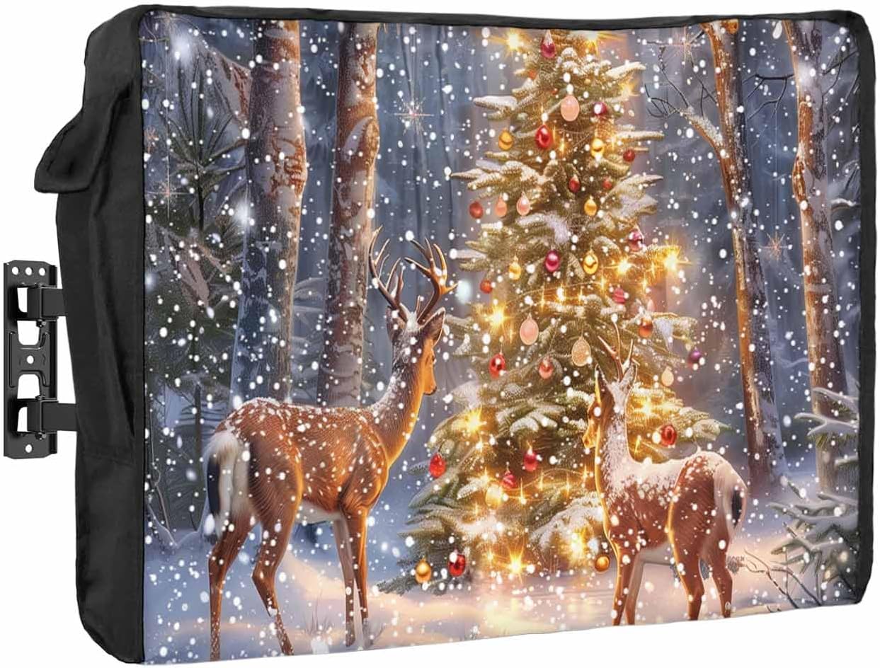 Christmas Elk Outdoor TV Cover 80"-85" - 600D Waterproof TV Cover Weatherproof TV Screen Protector Dustproof Winter Xmas Tree Ball Ornaments Snow TV Display Protector for Outside Flat Screen TV