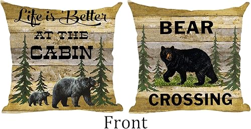 Miniatura 2 de Ramirar Life is Better at The Cabin Bear Crossing Forest Trees Field - Juego de 2 fundas de almohada decorativas de madera marrón retro para el