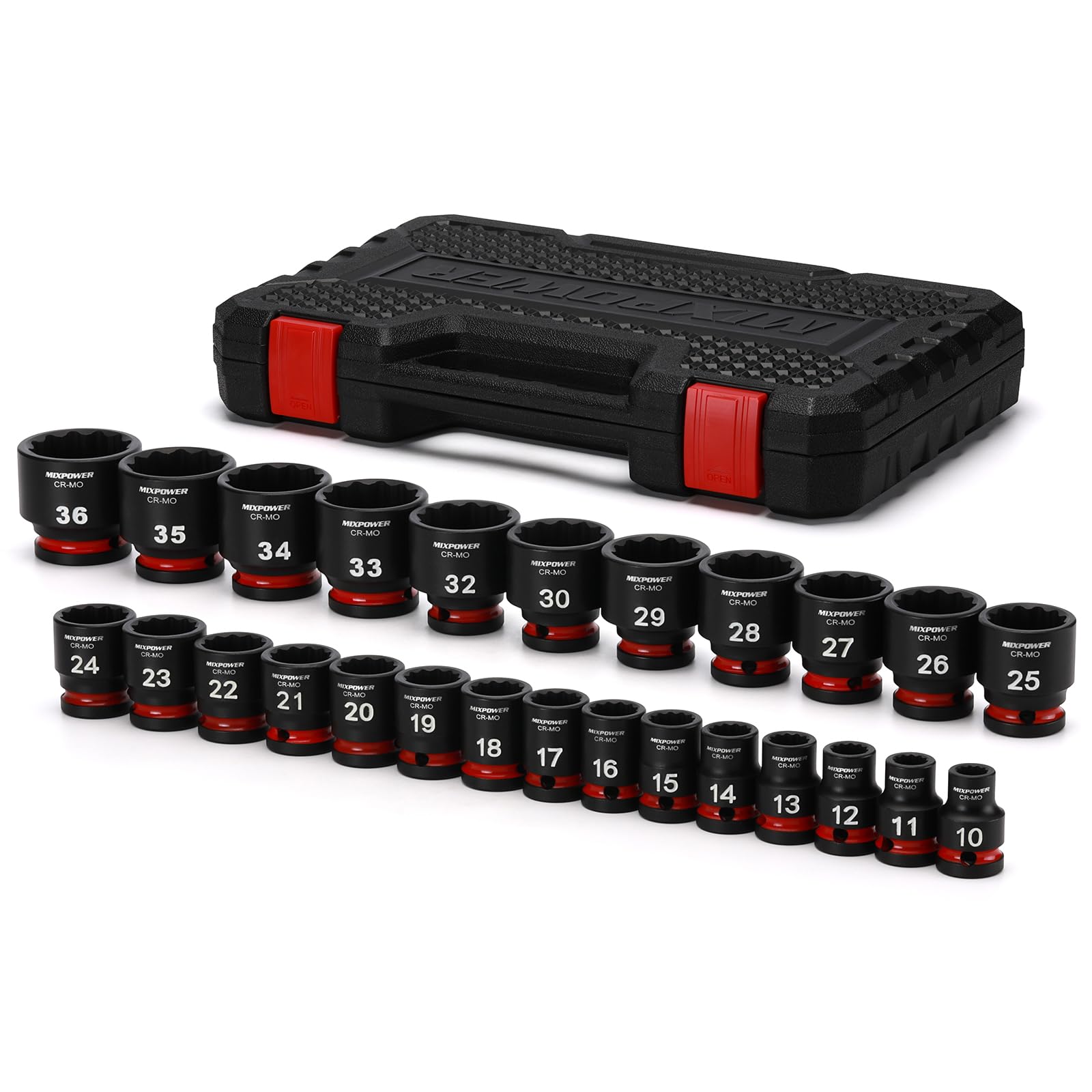MIXPOWER Set di 26 bussole a impatto poco profondo, 12 punti, metriche, 10-36 mm, CR-MO, dado dell'asse per una facile rimozione