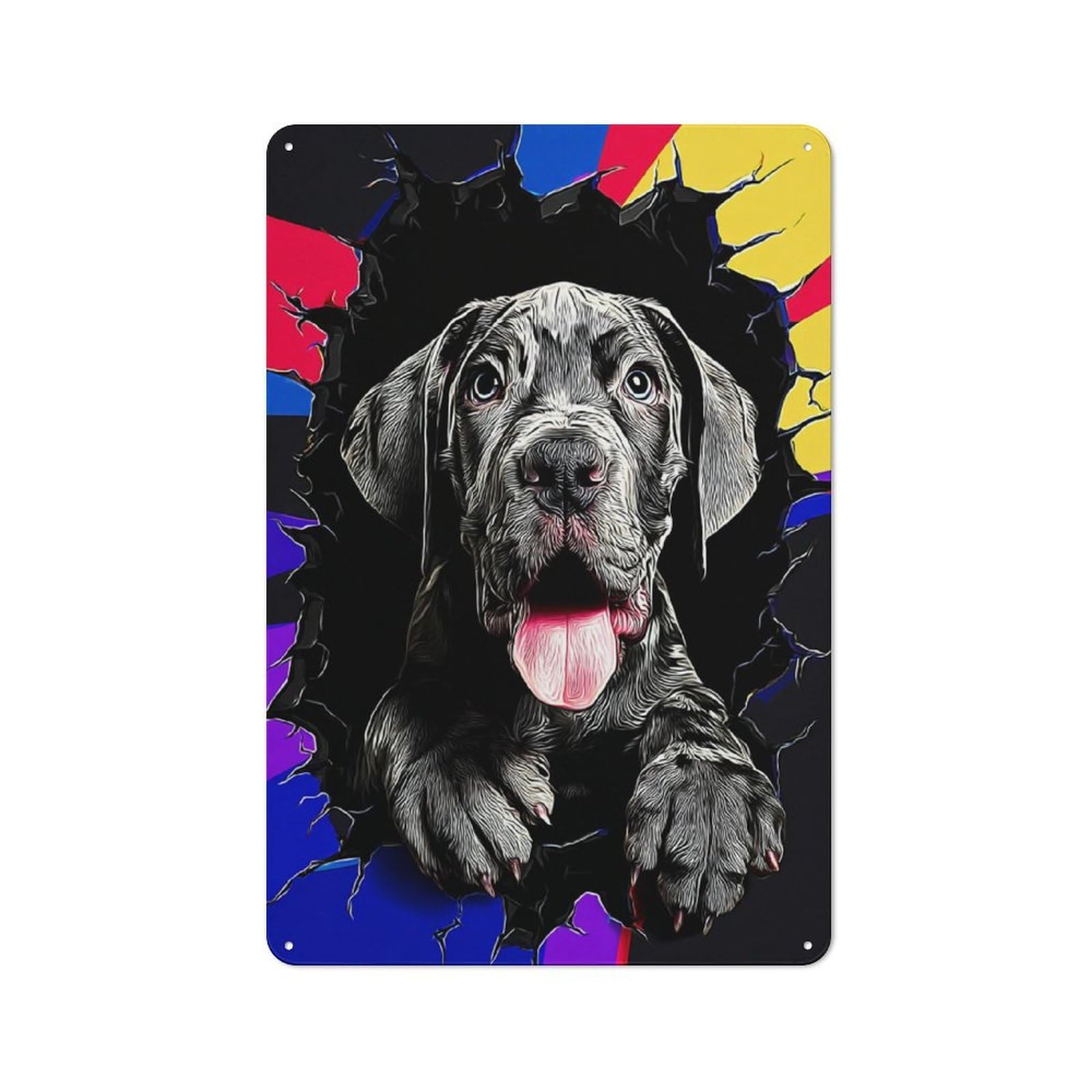 Junmoney Vibrant Dog Breaking Through Colorful Backgro Clean Industrial Und Industrial Metal Sign 30X20cm, Studio Wall Art For Loft, Studio, Office Or Creative Room