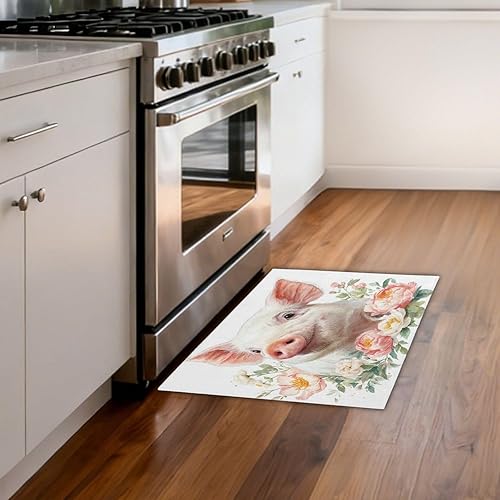 Miniatura 8 de Flower Pig Washable Entry Rug Front Door Throw Rugs Indoor Low Pile Bathroom Small Rugs Non-Slip Rubber Backing Rug for Kitchen Bedroom Entryway