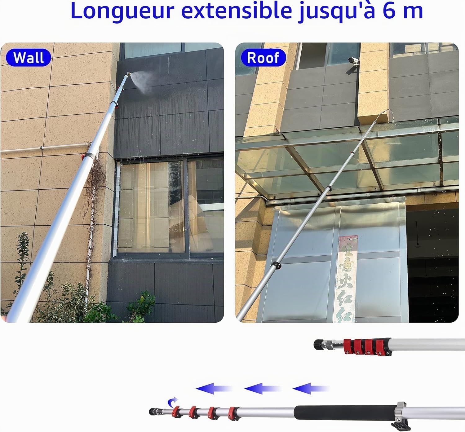 M MINGLE Lance Télescopique pour Nettoyeur Haute Pression 6 m, Aluminium, avec 2 Baguettes d'Extension, 5 Embouts de Buse, 2 Coupleurs et Ceinture de Support, 280 Bar