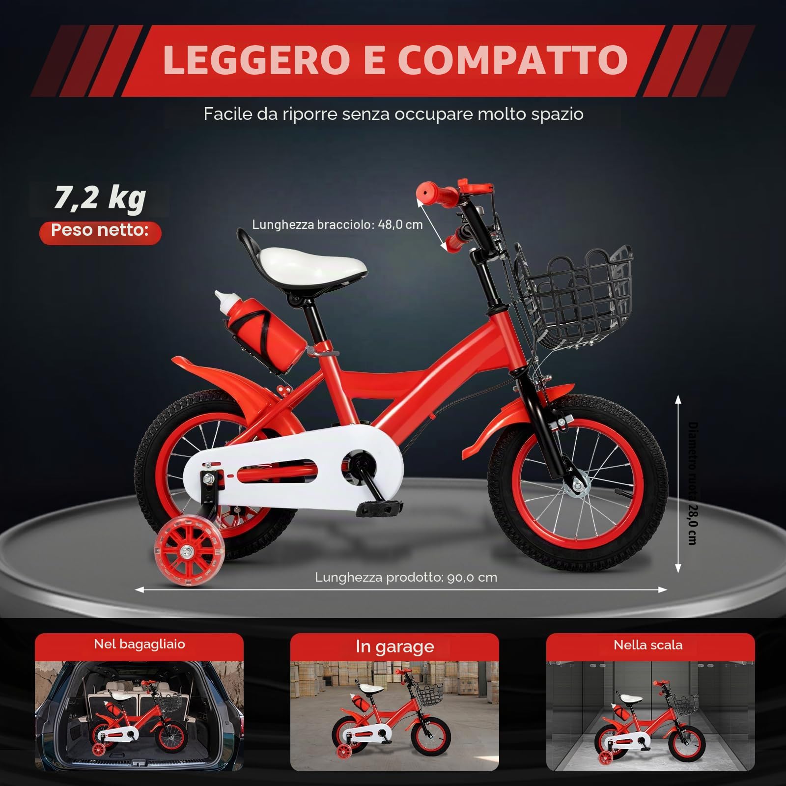 Bicicletta per bambini, 12 pollici, universale, per principianti, con ruote di supporto e bottiglia d'acqua, adatta per bambini, da 2,62 – 3,11 ft in (rosso)
