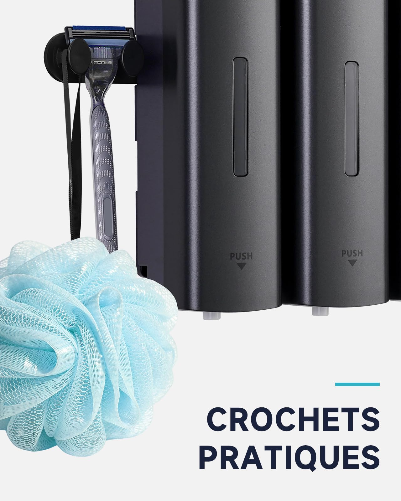 AIKE EasyPush Distributeur De Douche, Fixation Murale sans Perçage pour Shampoing & Après-shampoing, Économise Espace, Triple