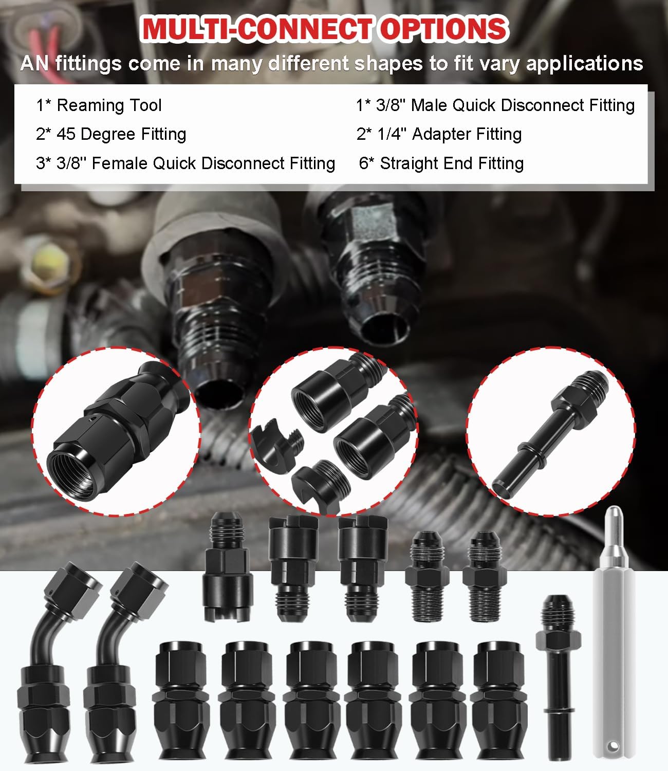 6AN PTFE LS Swap EFI Fuel Line Fitting Kit, 25FT Nylon Stainless Steel Braided Fuel Hose, 3/8" PTFE Fitting