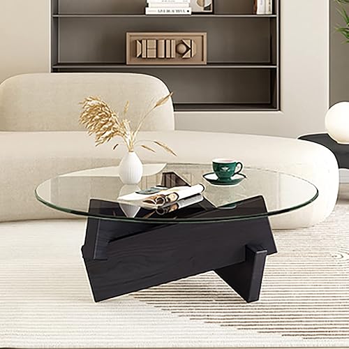 QQXX Mesa auxiliar redonda de vidrio grueso, mesa auxiliar moderna de mediados de siglo, mesa auxiliar abstracta con base de madera, mesa central de