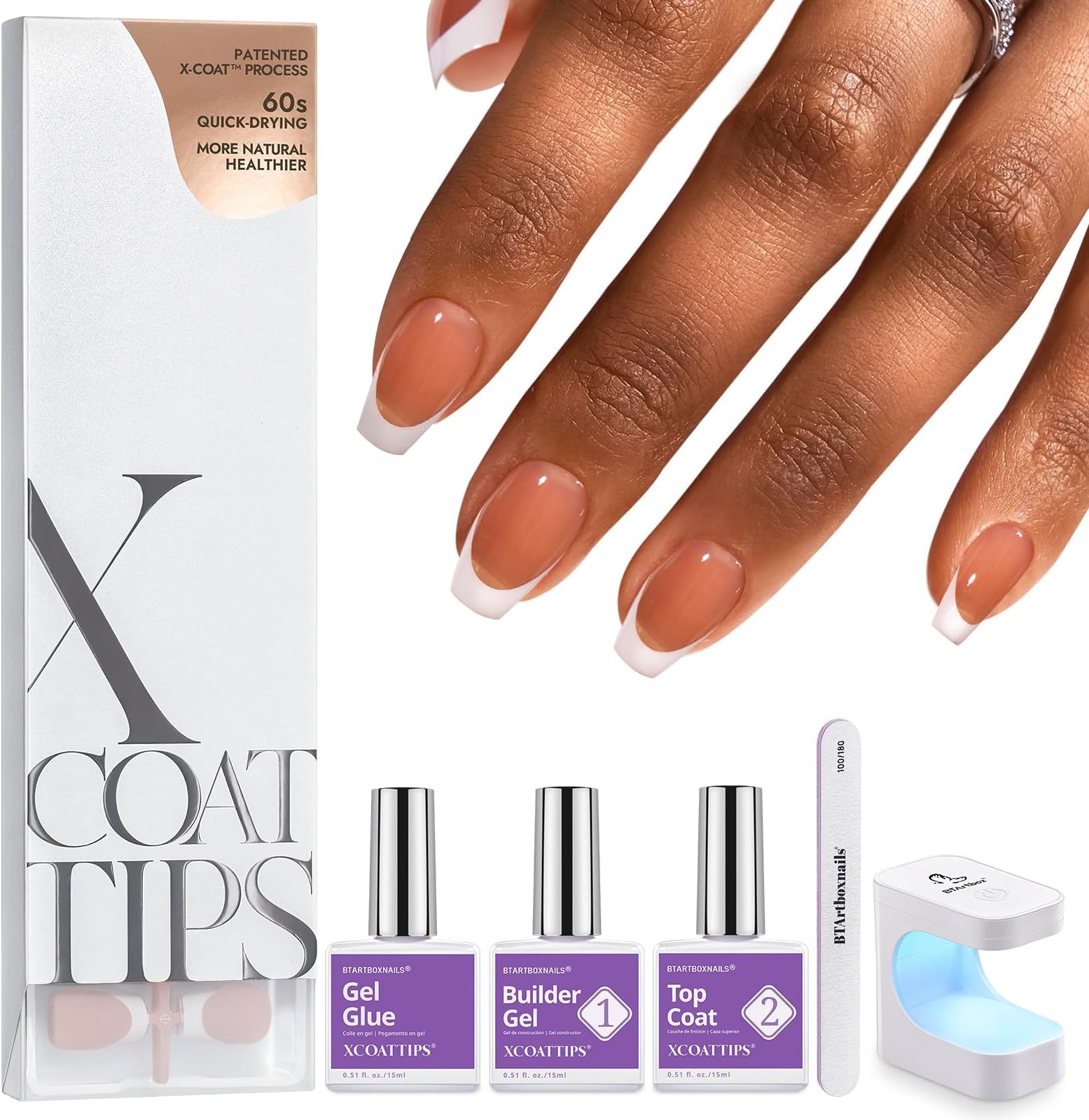 BTArtboxnails XCOATTIPS Gel Nail Kit - Short Coffin French Tip Press on Nails Kit, Brown Soft Gel Nail Tips with Nail Gel, French Protecing Duo and Nail Lamp for Gift Home DIY