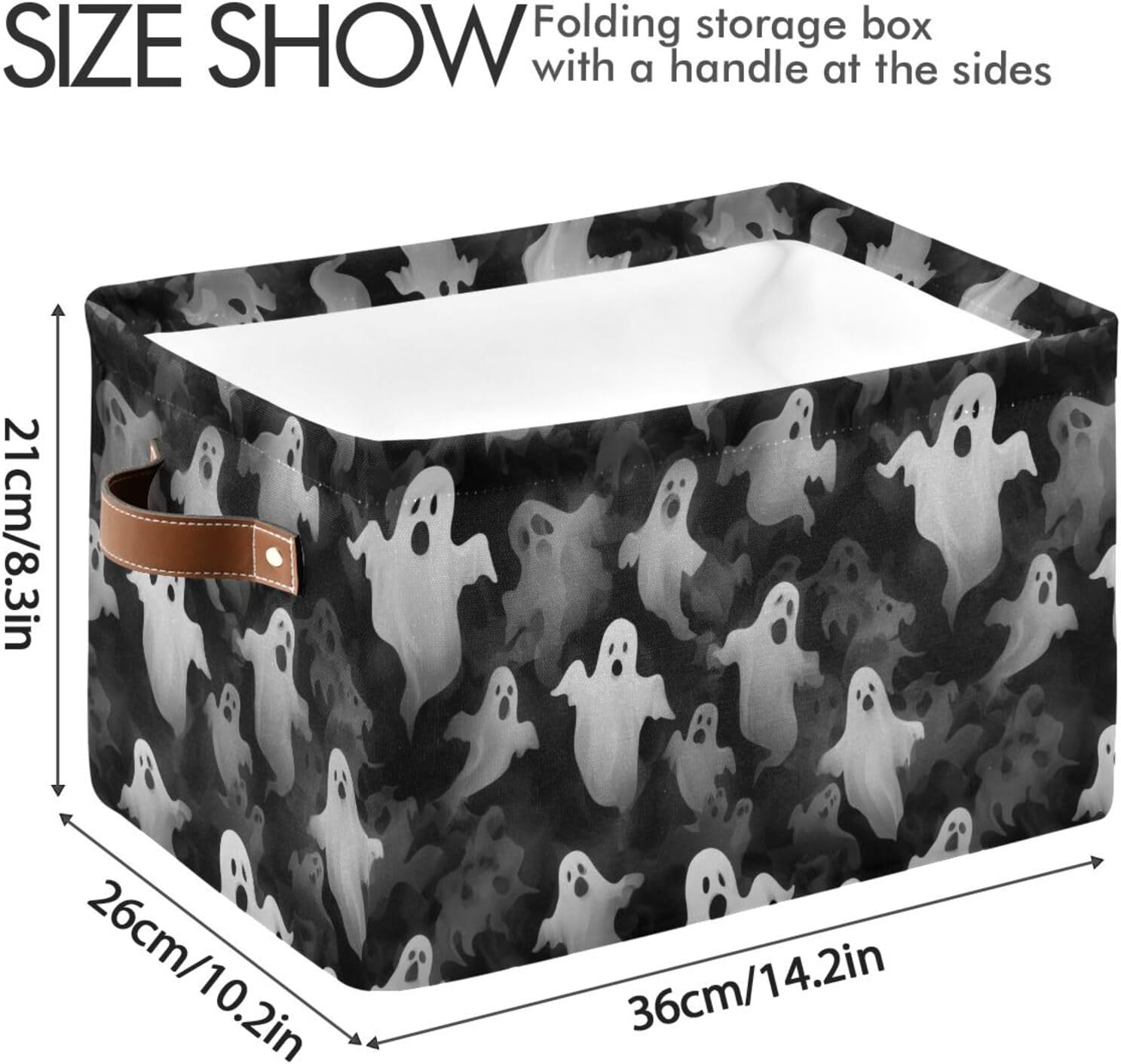 Large Capacity Foldable Storage Basket for Toys and Clothes Storage Ghost Black White Printed Storage Basket with Handle 14.2” x 10.2” x 8.3” Cubes Storage image 4