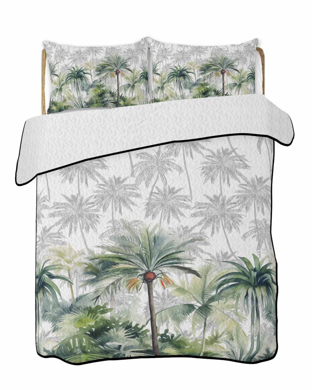 3-Piece Summer Quilt King Size, Summer Tropical Leaves Lightweight Cooling Bedding Comforter Blanket with 2 Pillow Shams, Green Botanical Palm Trees Bedspreads Quilted Coverlet Sets 96