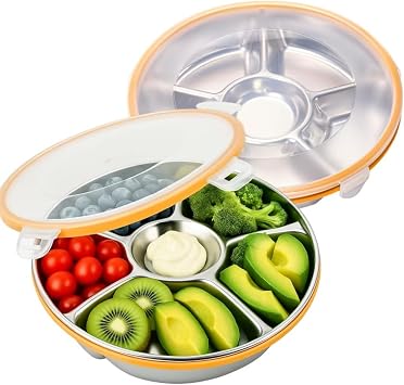 2 Packs Divided Serving Trays with Lid Stainless Steel 6 Compartment 10.43in 60.87OZ Snack & Veggie Tray with Plastic Lid Stainless Steel Snackle Box for Party, Easy to Clean