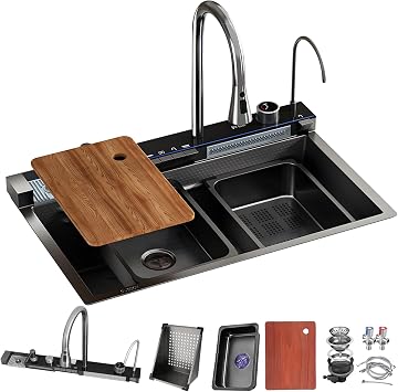 DSMRLEOP Black Stainless Steel Waterfall Kitchen Sink With Pull-Out Faucet, Nano-Coated Single Bowl Farmhouse Sink With LED Display, Glass Washer, And Cutting Board, Large Capacity Farmhouse SinkBlac