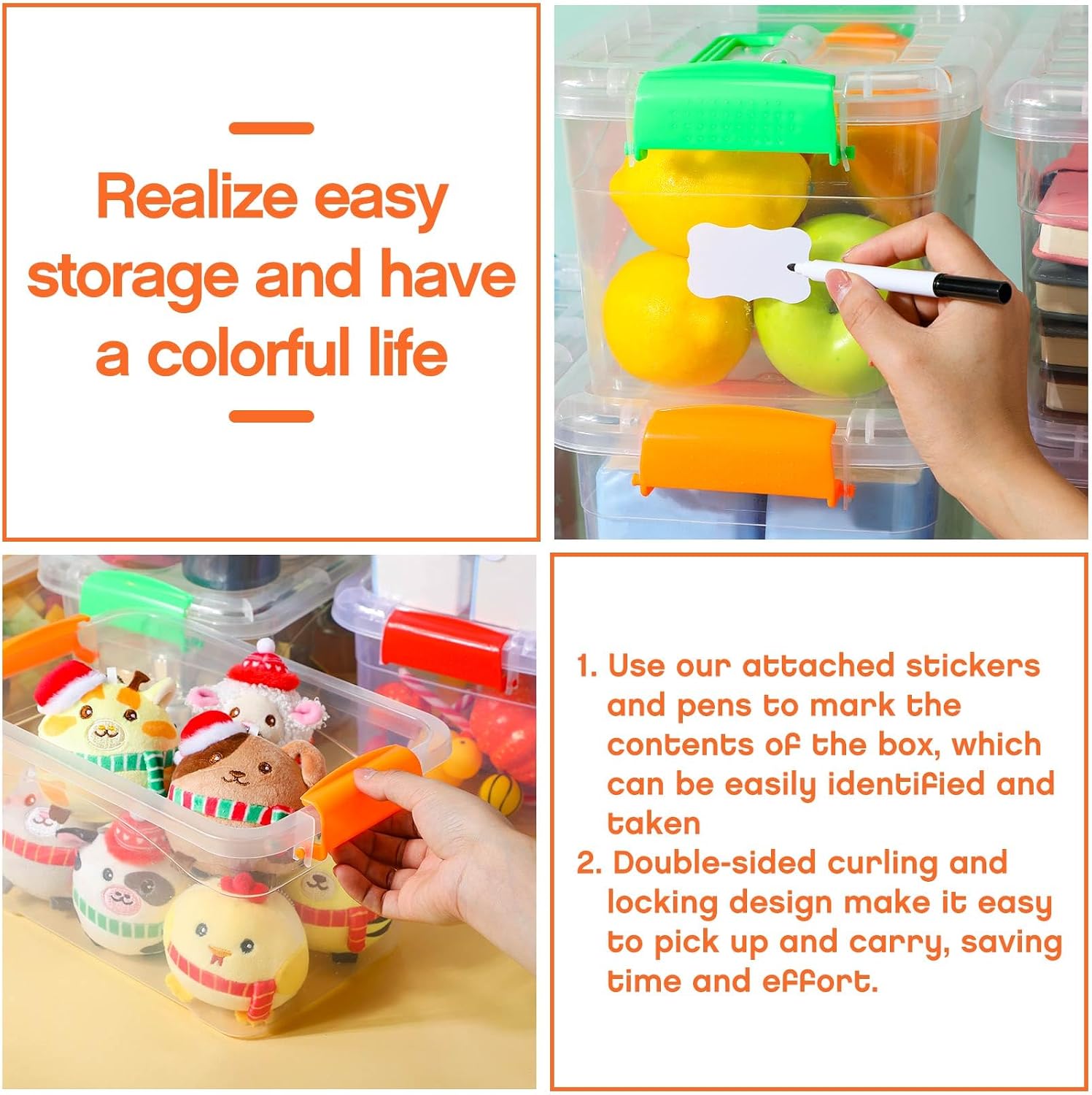 Suzile 10 Packs 7.5 Qt Toy Handle Storage Bins with Lids Clear Plastic Bins 5 Colors Handle Stackable Storage Containers with Labels Markers for Office Home School Supplies Organization