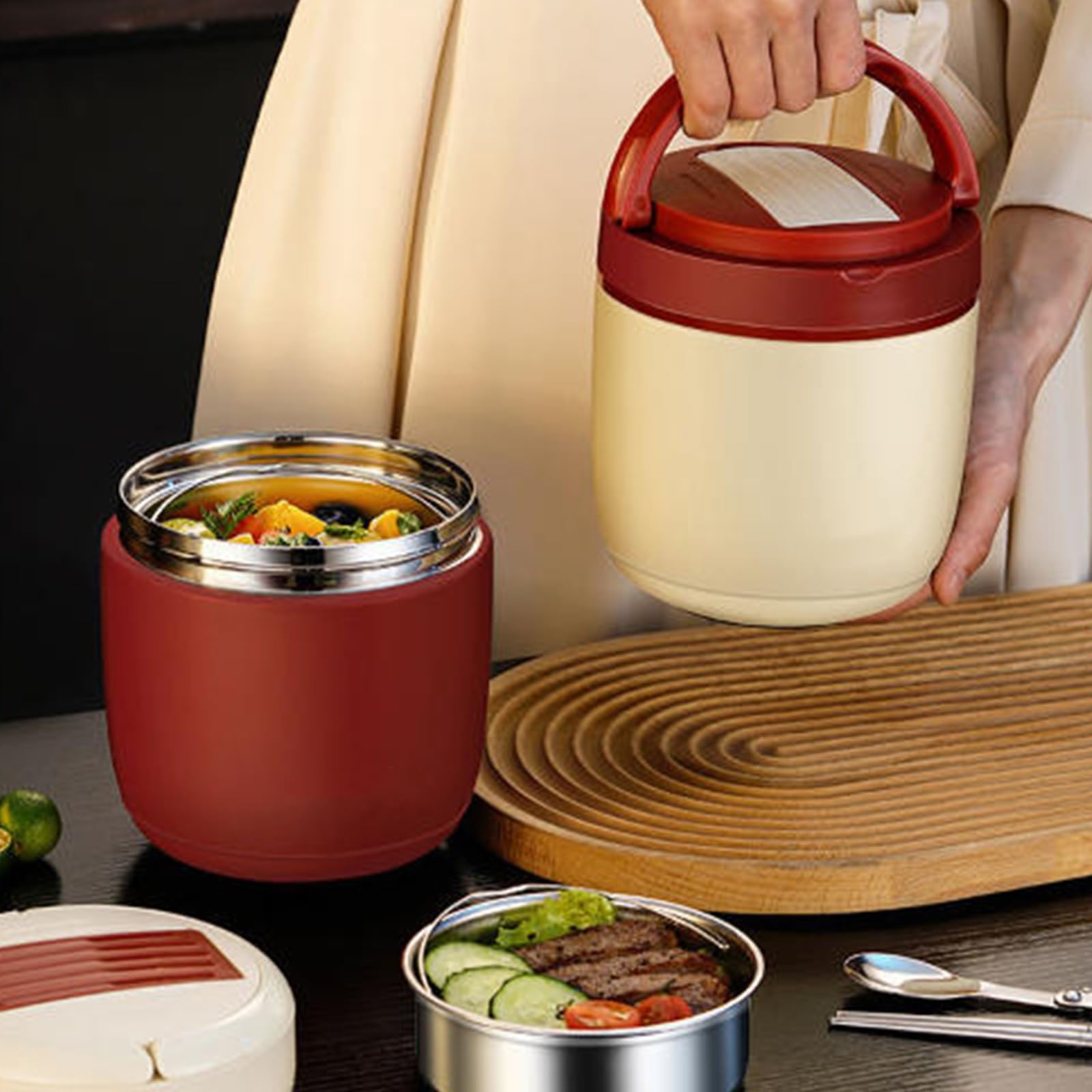 Vnook Isolierter Lebensmittelbehälter, Warmhaltebehälter, Lunchbehälter, 304 Edelstahl, mit Faltbaren Löffel und Thermotasche, für Speißen, Suppe, Brei, Joghurt(Red,1.2L)