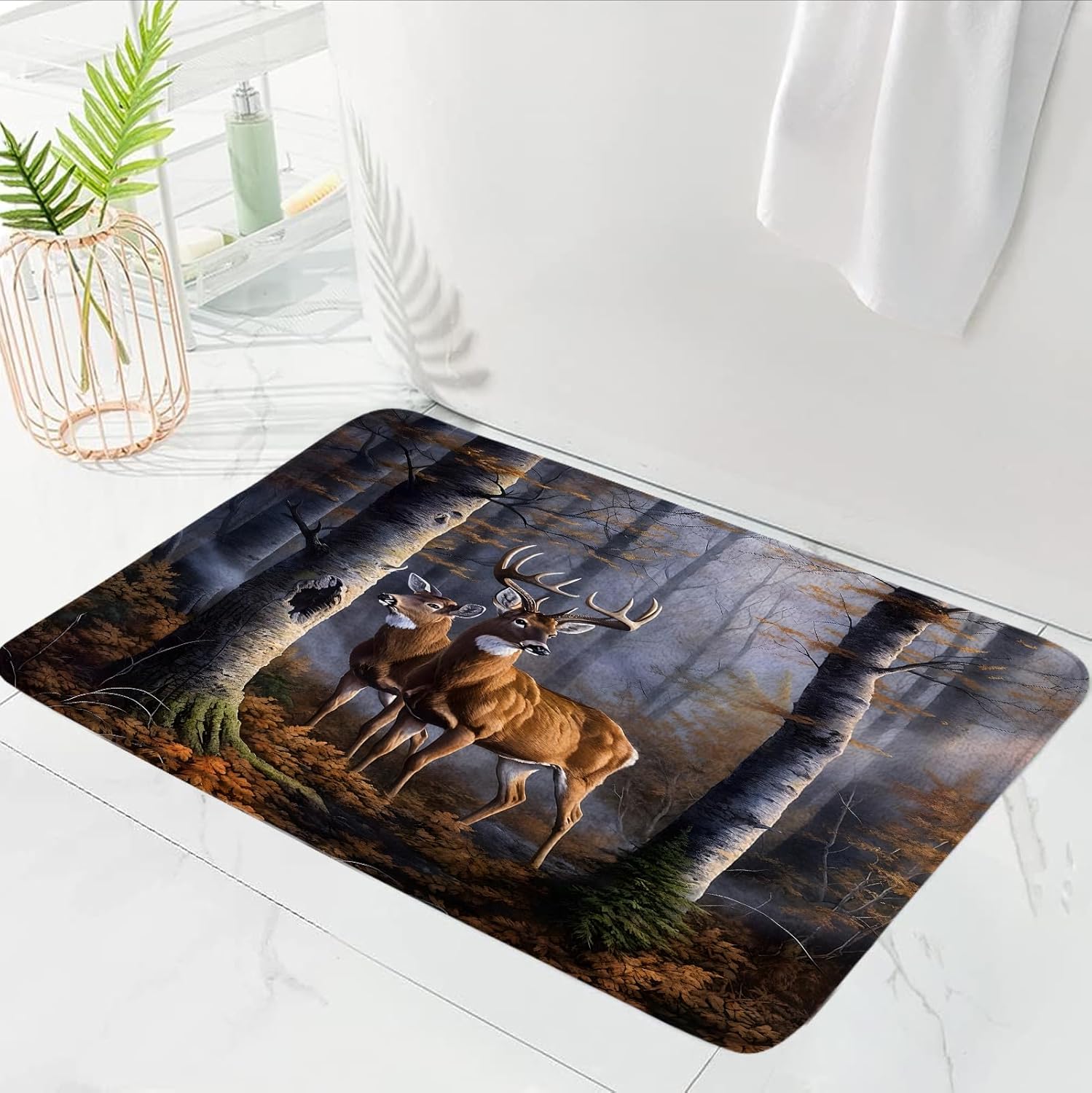 Deer Forest Bath Mat Cabin Rustic Wild Animal Deer Elk Moose Birch Tree Forest Lodge Hunting Camping Vintage Farmhouse Bathroom Decor Rug Doormat Toilet Floor Rug,24x60 Inch