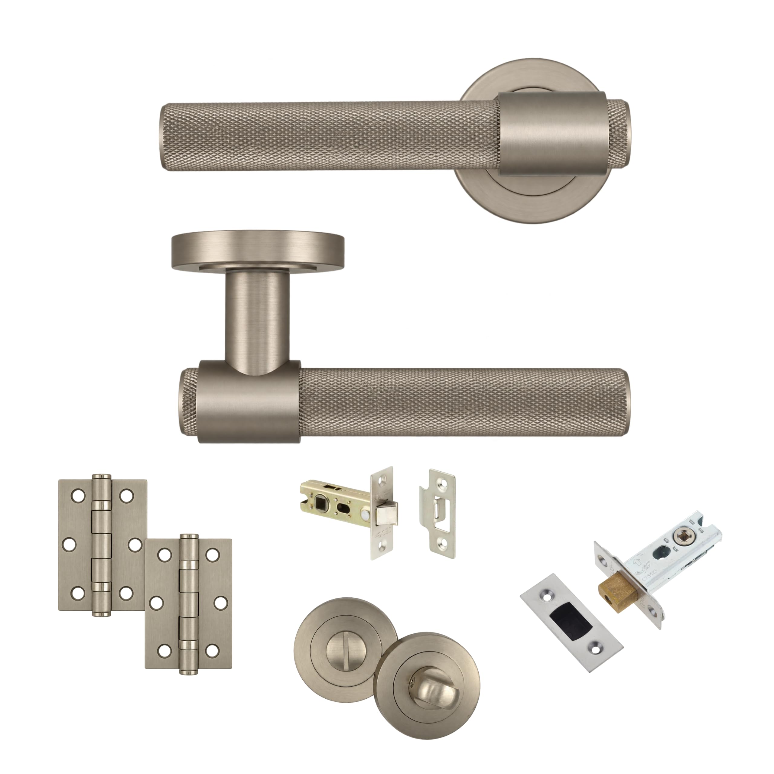 AXS Dakota Internal Door Handles on Rose – Lever Handle Pair for Wooden Doors – Modern Concealed Fix – Fits Standard UK Tubular Latch (Satin Nickel, Bathroom Door Pack - 44mm Backset)