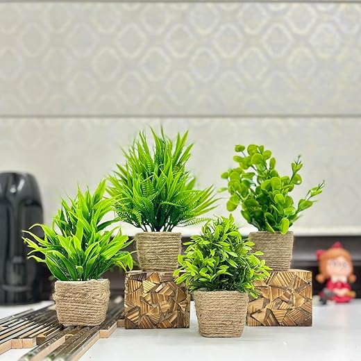 Dekorly Artificial Potted Plants, 4 Pack Artificial Plastic Eucalyptus Plants Small Indoor Potted Houseplants, Small Faux Plants for Home Decor…