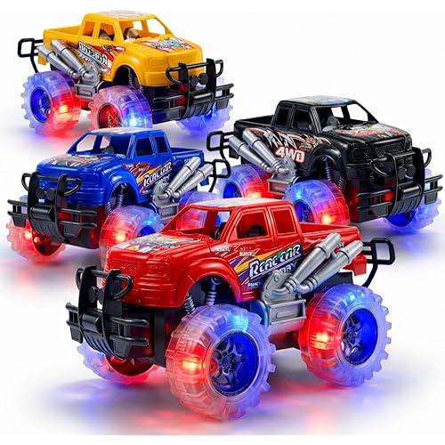 ArtCreativity Light Up Monster Trucks for Boys and Girls, 4-Pack Toy Truck Set, Monster Trucks for Boys 3 4 5 6 7 8 Years Old, Toddler Monster Truck Toys, Light Up Trucks