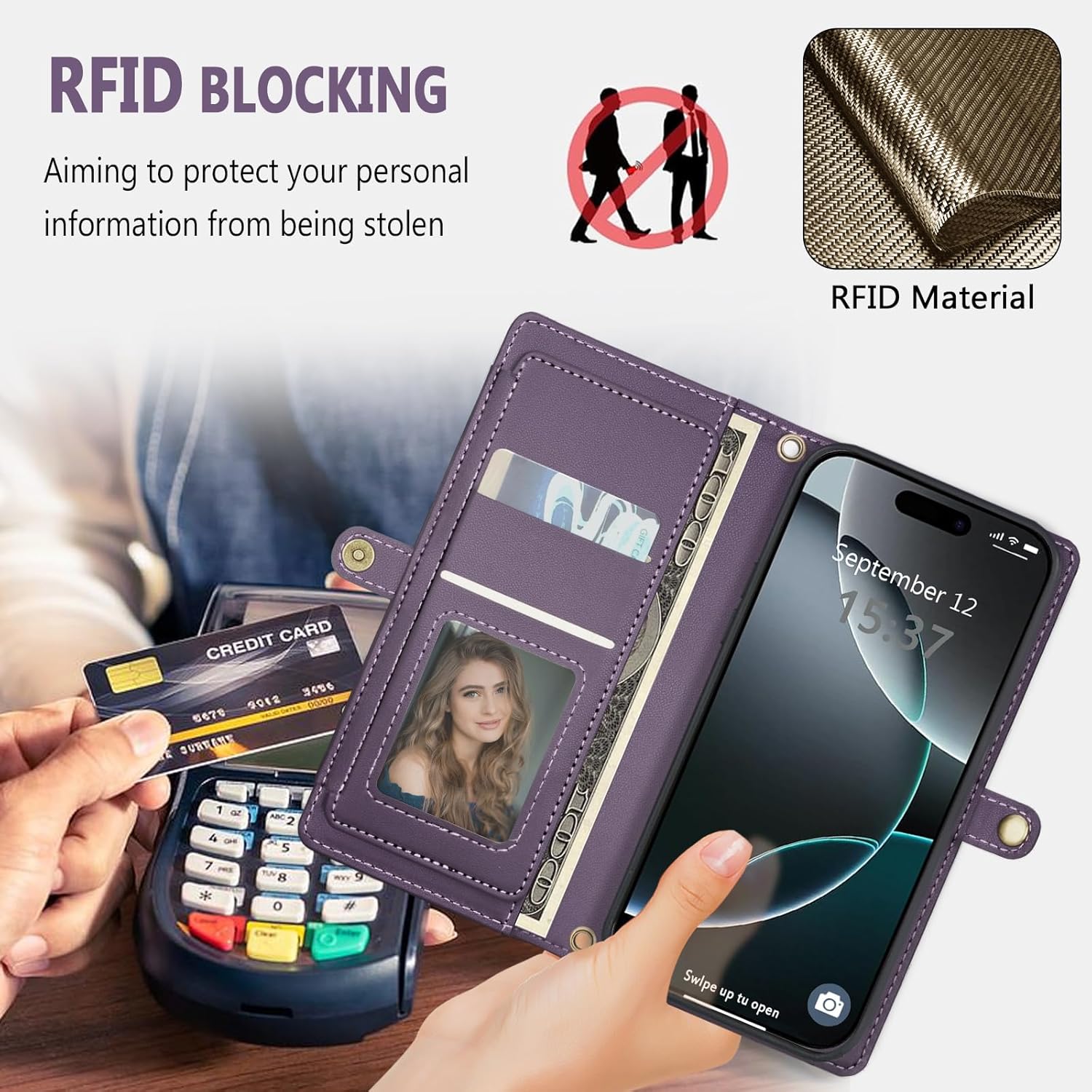 Wallet Case for iPhone 16 Pro Max with Card Holder/Crossbody Wallet/Strap,[RFID Blocking][Magnetic] PU Leather Shockproof Protective Cover iPhone 16 Pro Max Phone Case,6.9 in,Purple