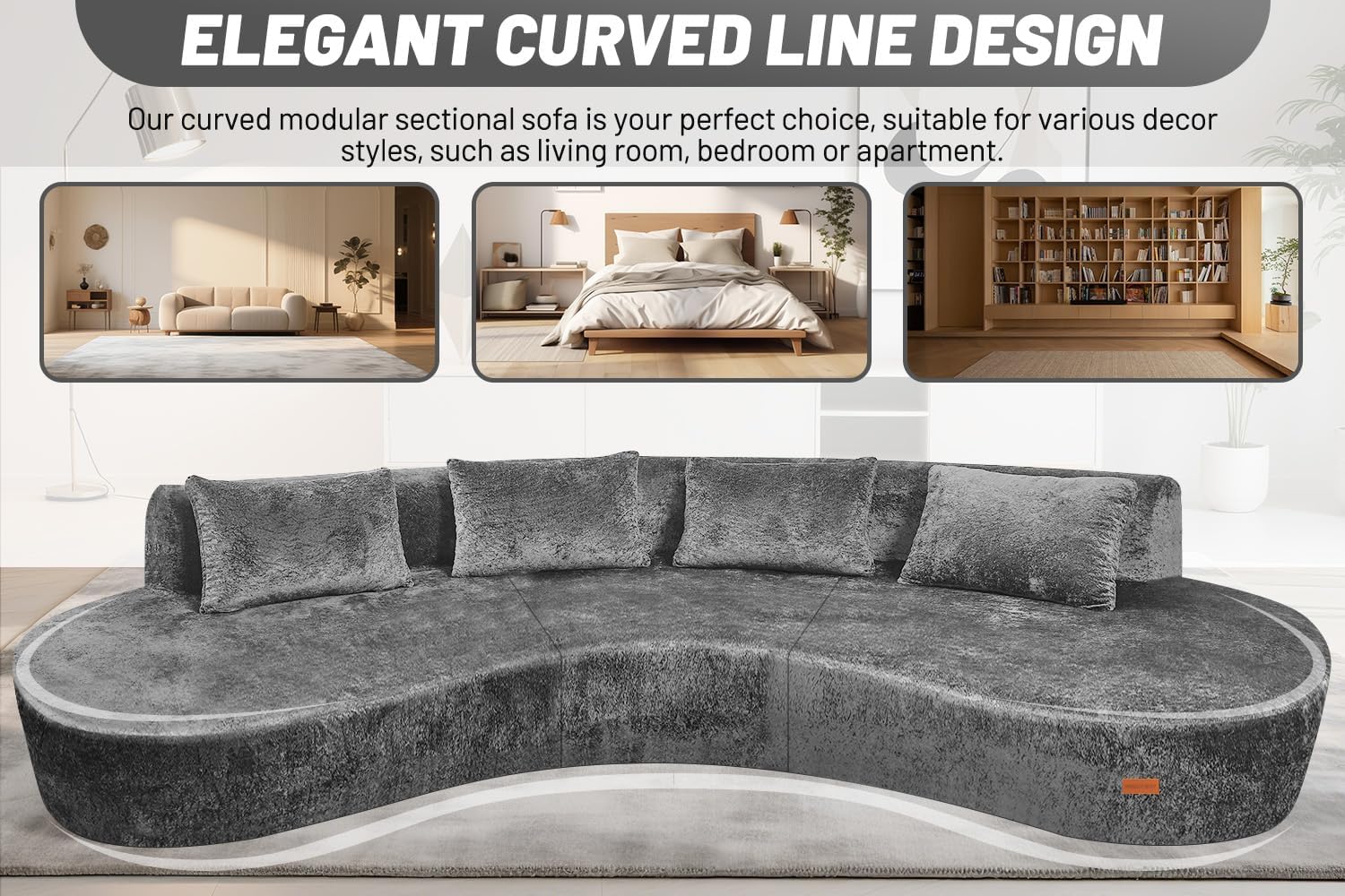 HABUTWAY 130'' Modular Sectional Sofa w with Memory Foam Filled, Modern Curved Sofa Deep Seat Cloud Couch with 4 Pillows, No Assembly Required, Oversized Couches for Living Room Apartment Office, Grey