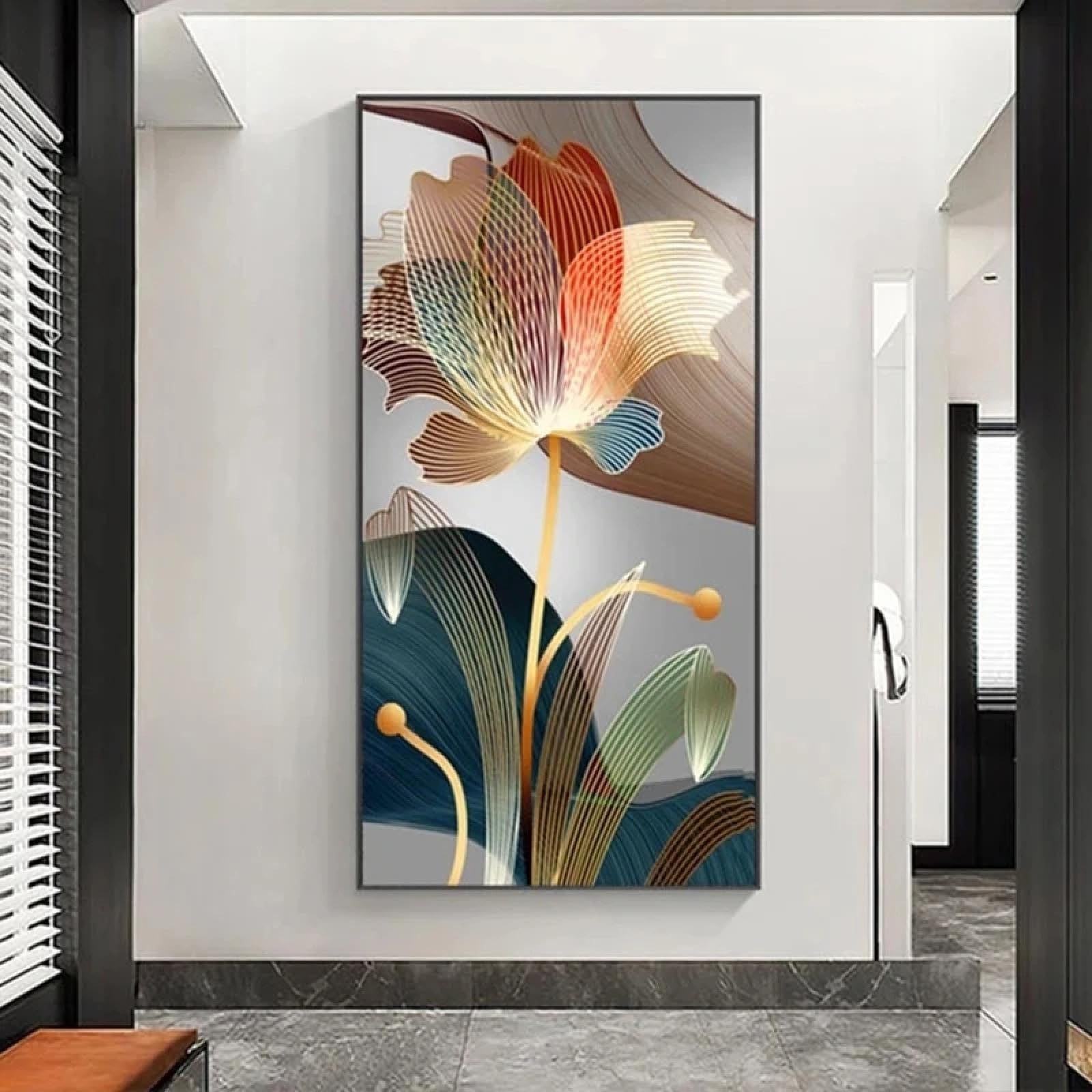 Zhadongli Art Modern Flower Pictures Canvas Painting, Abstract Luxury Golden Lines Posters and Prints Gallery Living Room Home Decor 70x140cm(28x55in) Withframe