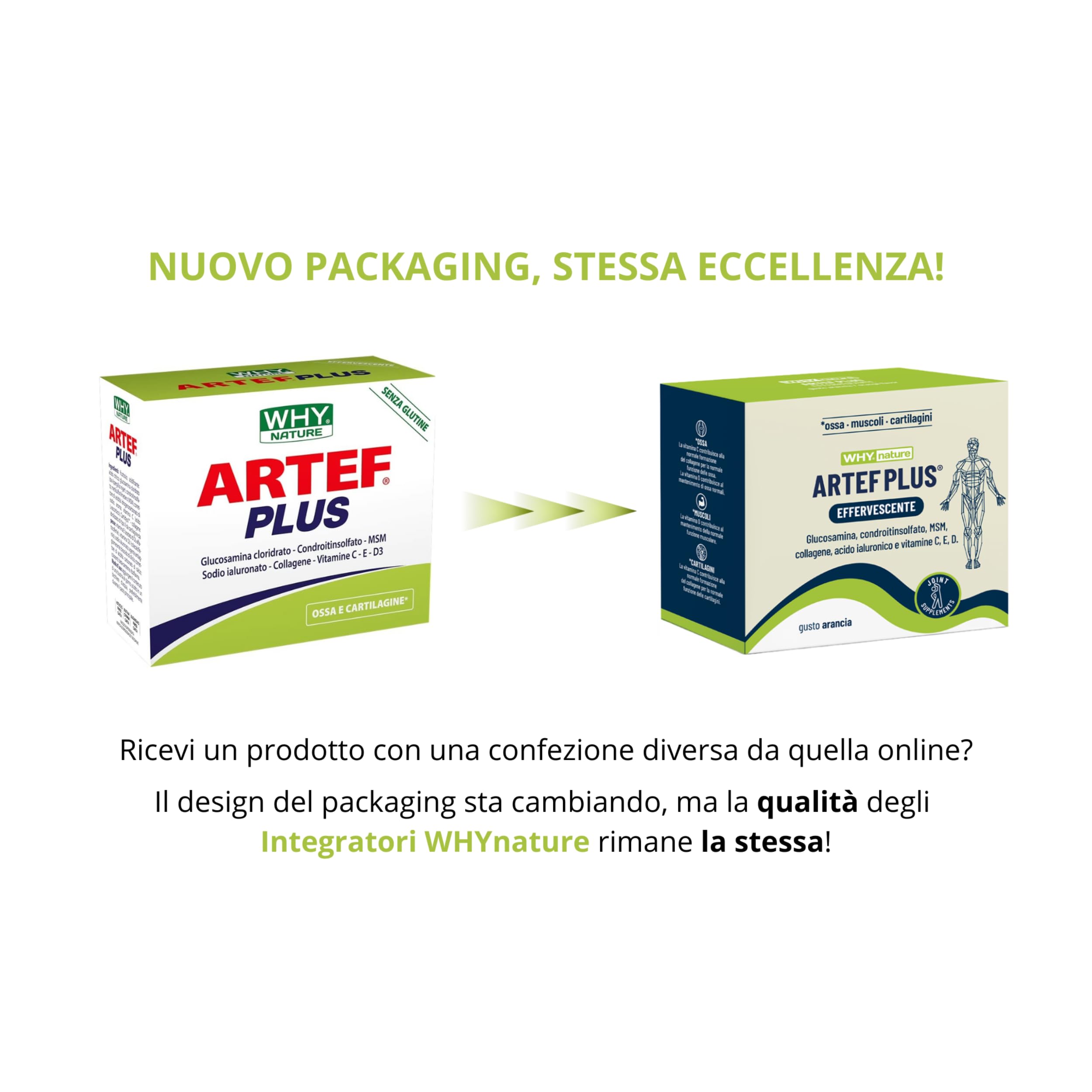 WHY NATURE ARTEF PLUS - Integratore Alimentare Ossa e Cartilagine - Con Vitamina C, Vitamina D3, Vitamina E, Acido Ialuronico - Gusto Arancia - Senza Glutine - 24 Bustine