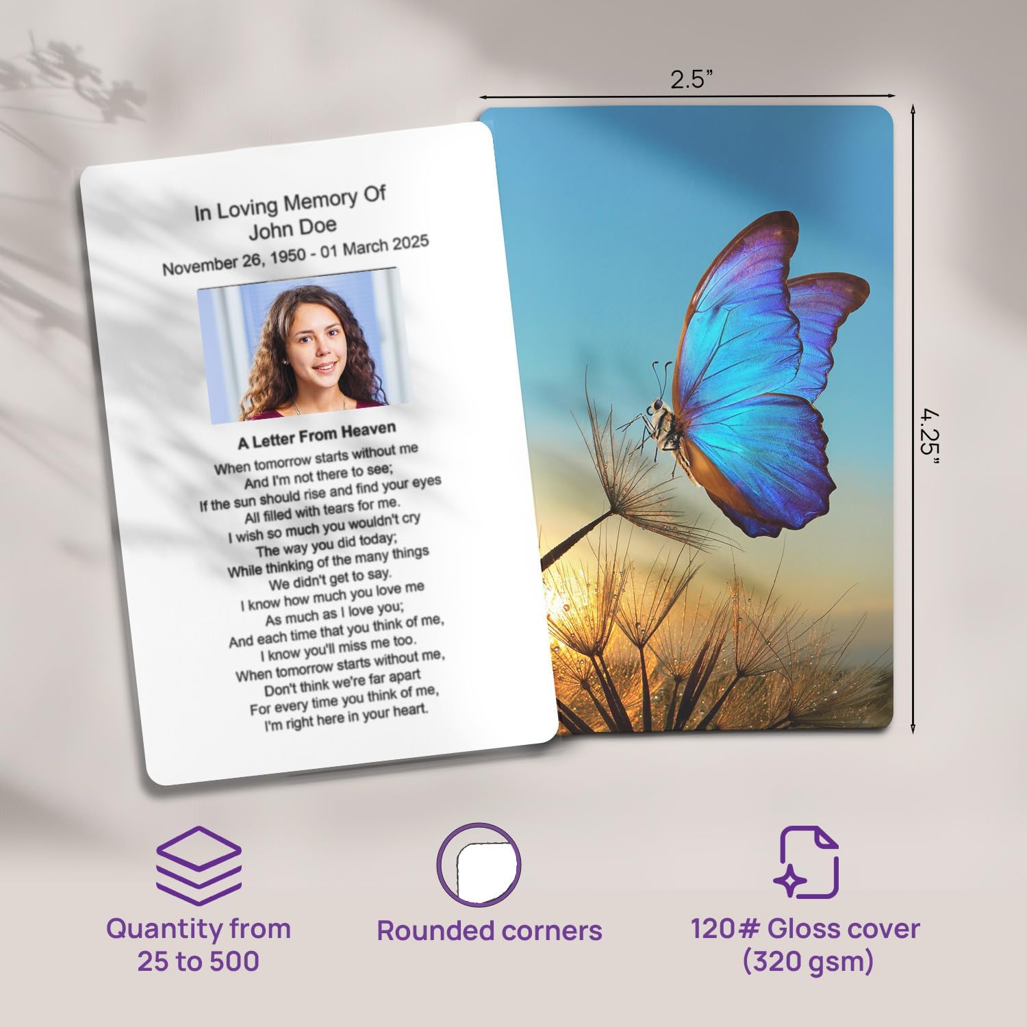 Funeral Memorial Prayer Card With Photo Personalized & Prayer 25 Cards Butterfly Memorial Card Size - 2.5x4.25" Custom Funeral Memorial Cards For Celebration Of Life Funeral Favours