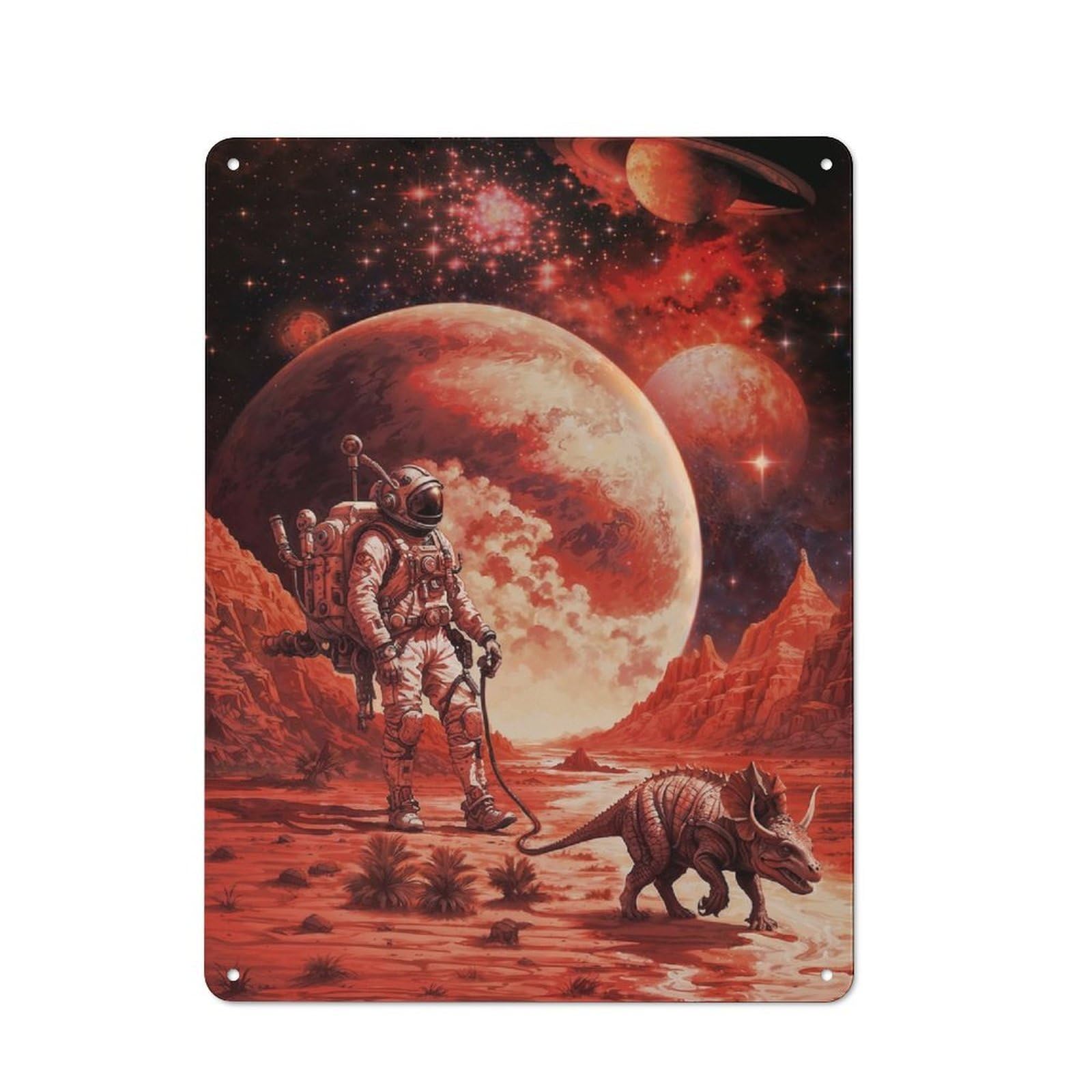 Junmoney Astronaut Walks Alien Dino For Lounge Or Reading Corner, Rustic Tin Sign 40X30cm, For Home Interiors, Feature Walls And Decorative Displays