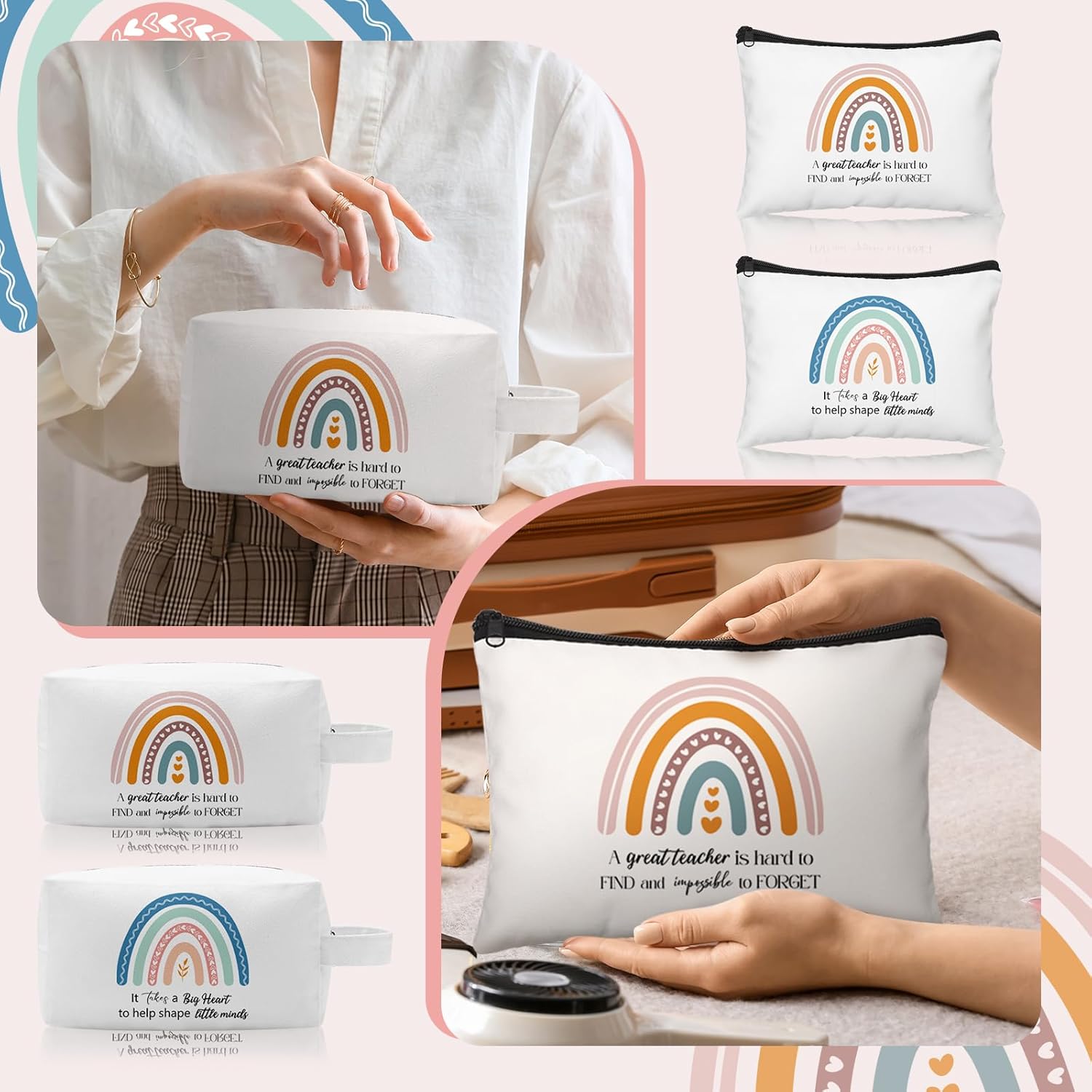 Aliceset 6 Pcs Valentine's Day Teacher Appreciation Gifts Teacher Tote Bag for Women Canvas Tote and Makeup Bag Thank You Gifts Reusable Retirement from Student - Image 2