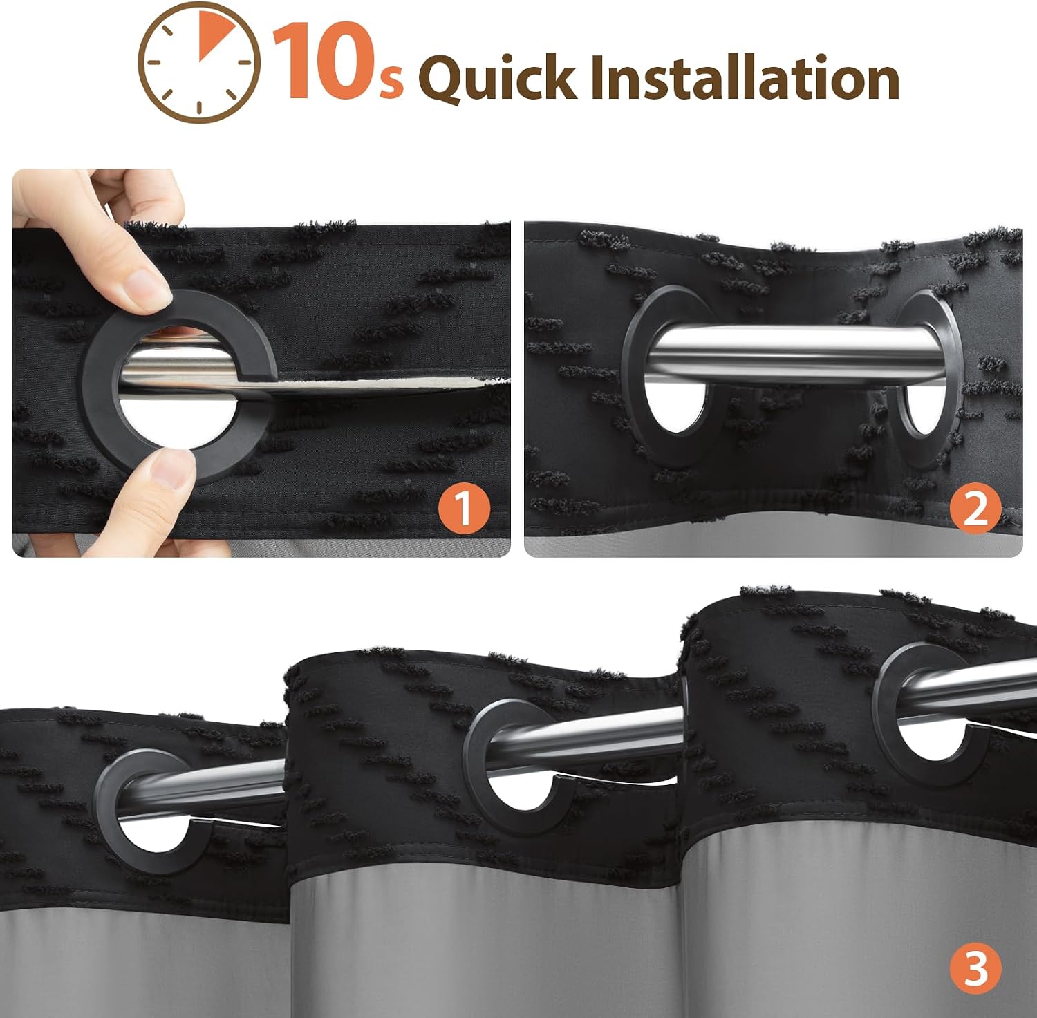 Dynamene Black Hook Free Double Shower Curtain Set with Snap-in Liner,72x75