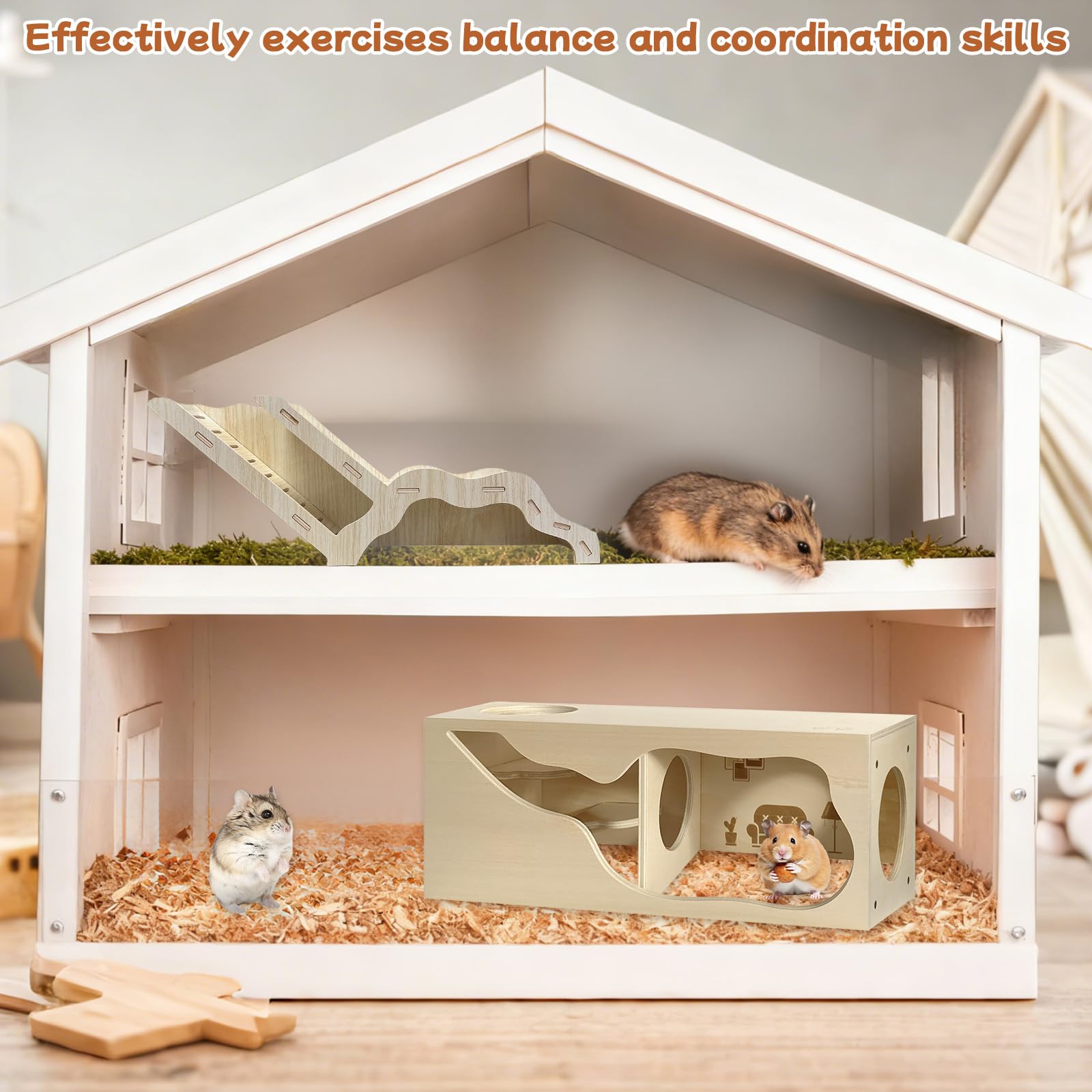 Hamsterversteck & Tunnel Set, 2-teiliges Holzhaus mit Kletterleiter, Erkundungsröhren & Beobachtungsschuppen für Syrische Hamster, Zwerghamster, Mäuse, Rennmäuse, Ratten und andere Kleintiere