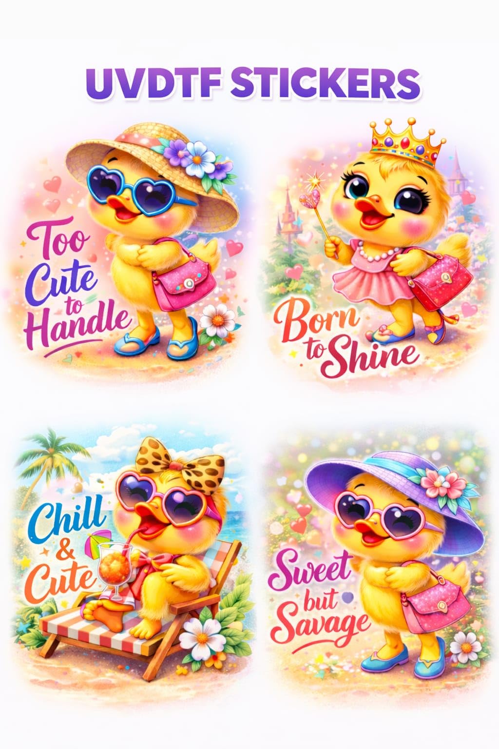 UV DTF Cup Wrap Transfer Stickers, Cute Duck Theme, 2.5x2.5 Inch, Waterproof Decals for Mugs, Water Bottles, Laptops, Pack of 4