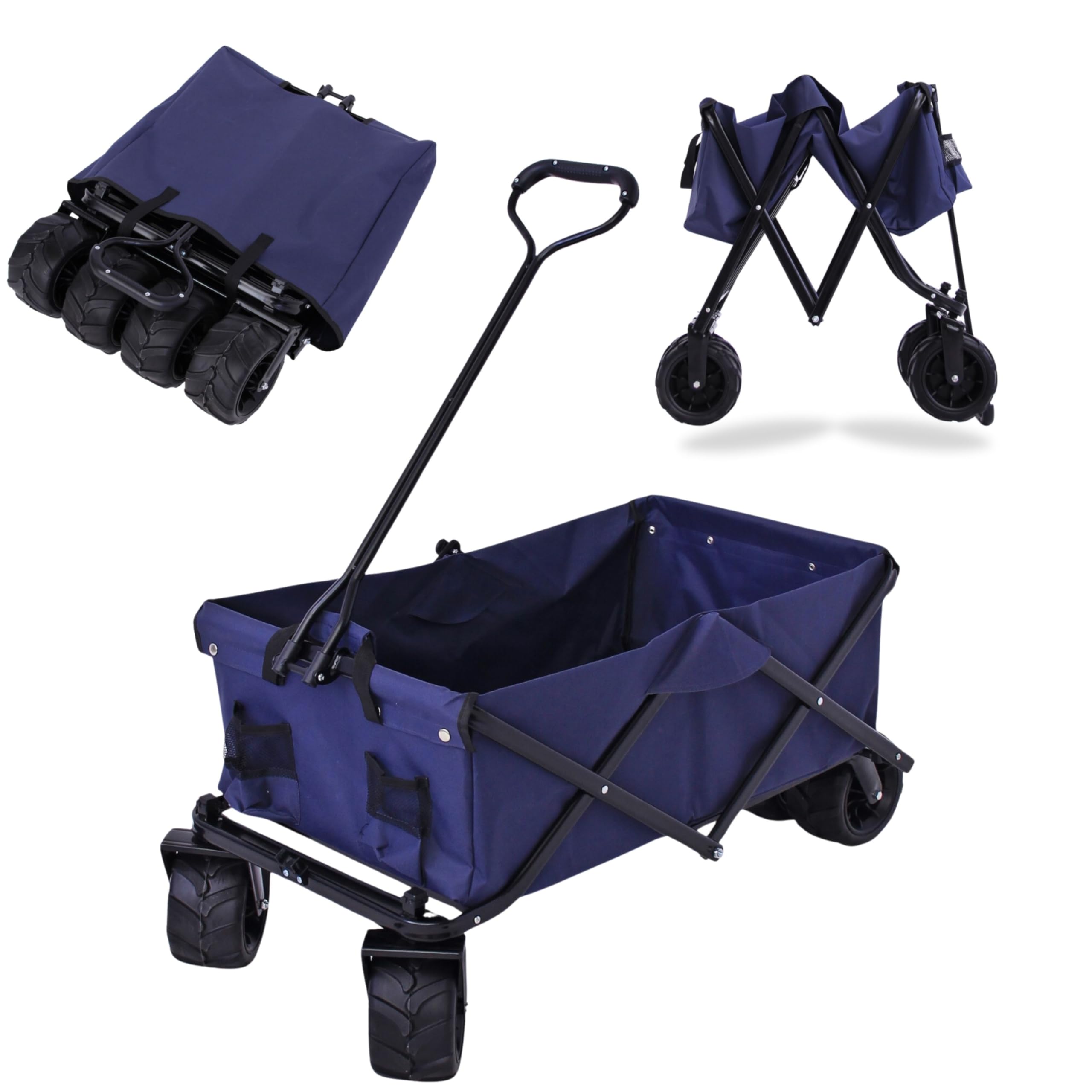 Carro Playa Plegable - Cesta de Almacenamiento de 110 L Carga de hasta 80 kg - Camping Carrito Playa con Ruedas Grandes para Todo Terreno - Azul Marino con Manija y 2 Bolsillos