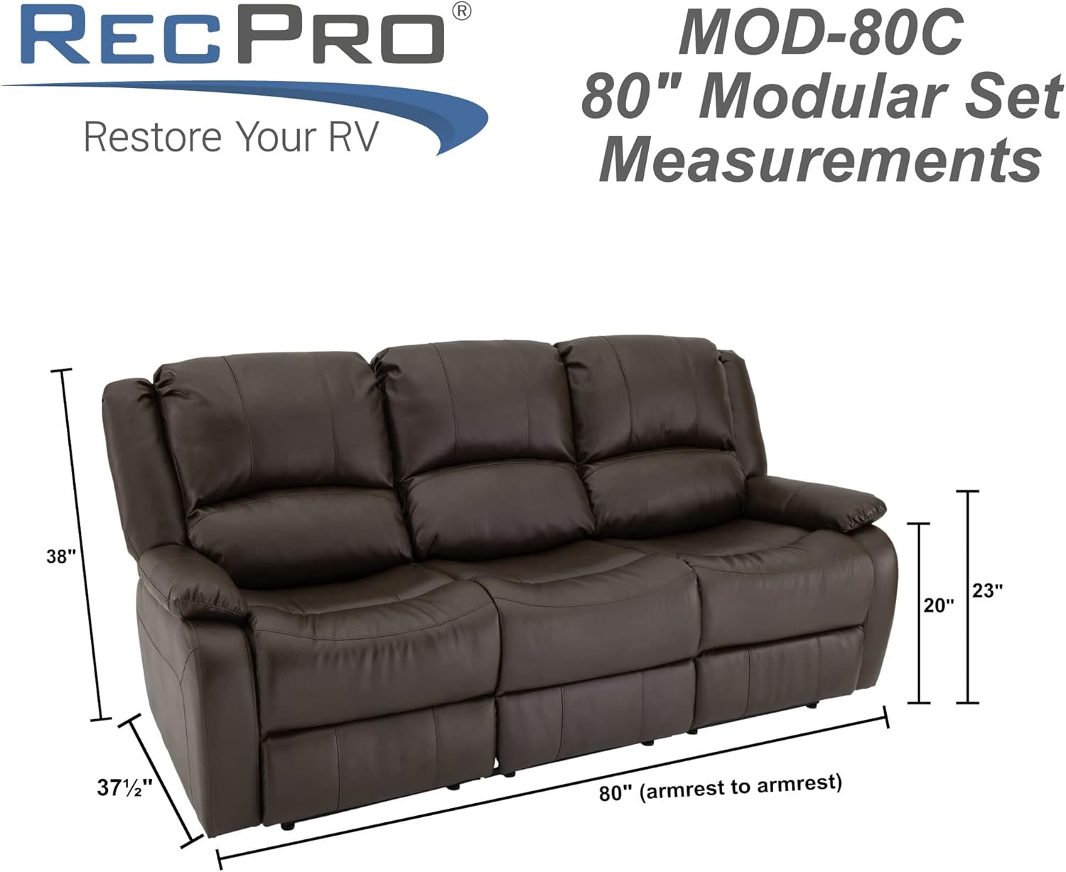 RecPro RV 80" Sofa Triple Recliner & Drop-Down Console | Modular Wall Hugger | Suprima Leather (Chestnut)