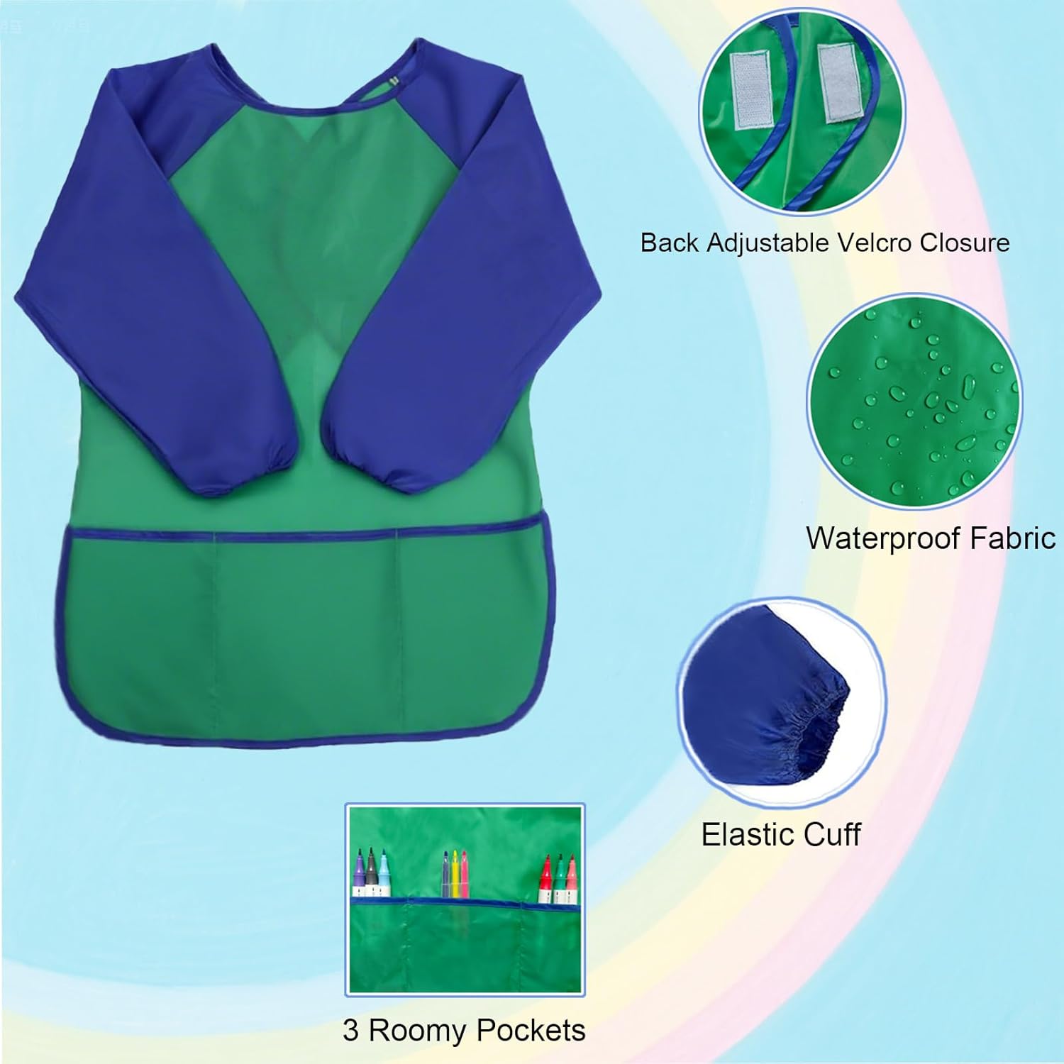 Kids Art Smock with Long Sleeve 3 Roomy Pockets Artist Children Aprons for Age 3-8 Cooking Painting Craft